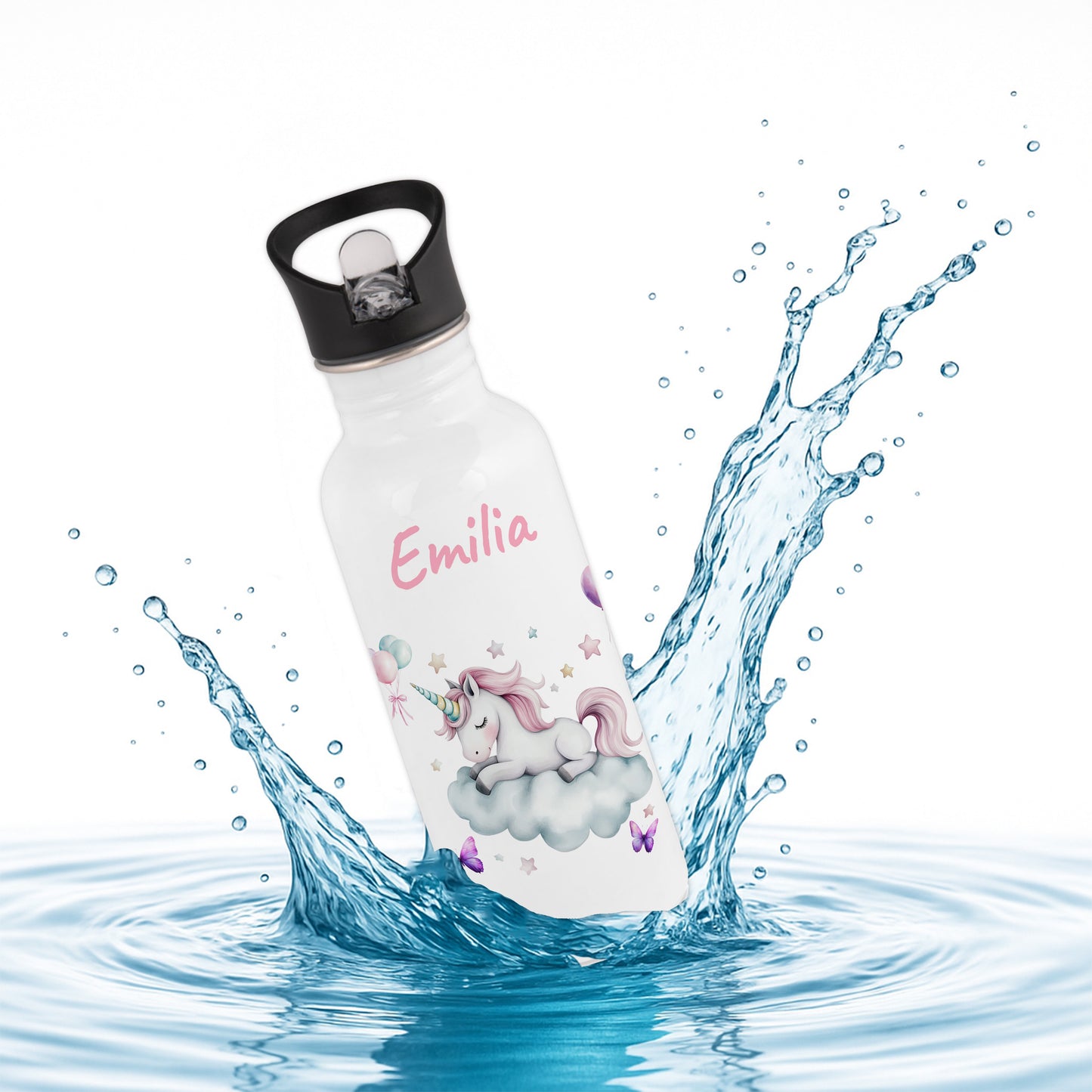 Trinkflasche mit Strohhalm in Weiß 600ml bedruckt mit tollen Motiven für Kinder "Einhorn Wolke" personalisierbar für Kinder mit Wunschname aus Edelstahl