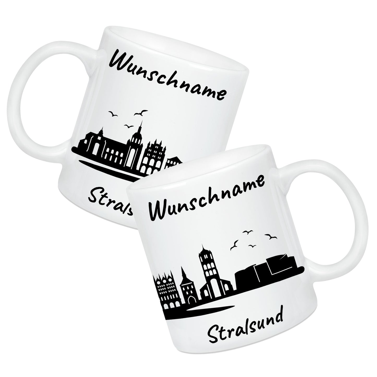 Tasse in Weiß 330ml bedruckt mit der Skyline von Stralsund personalisierbar mit Wunschname