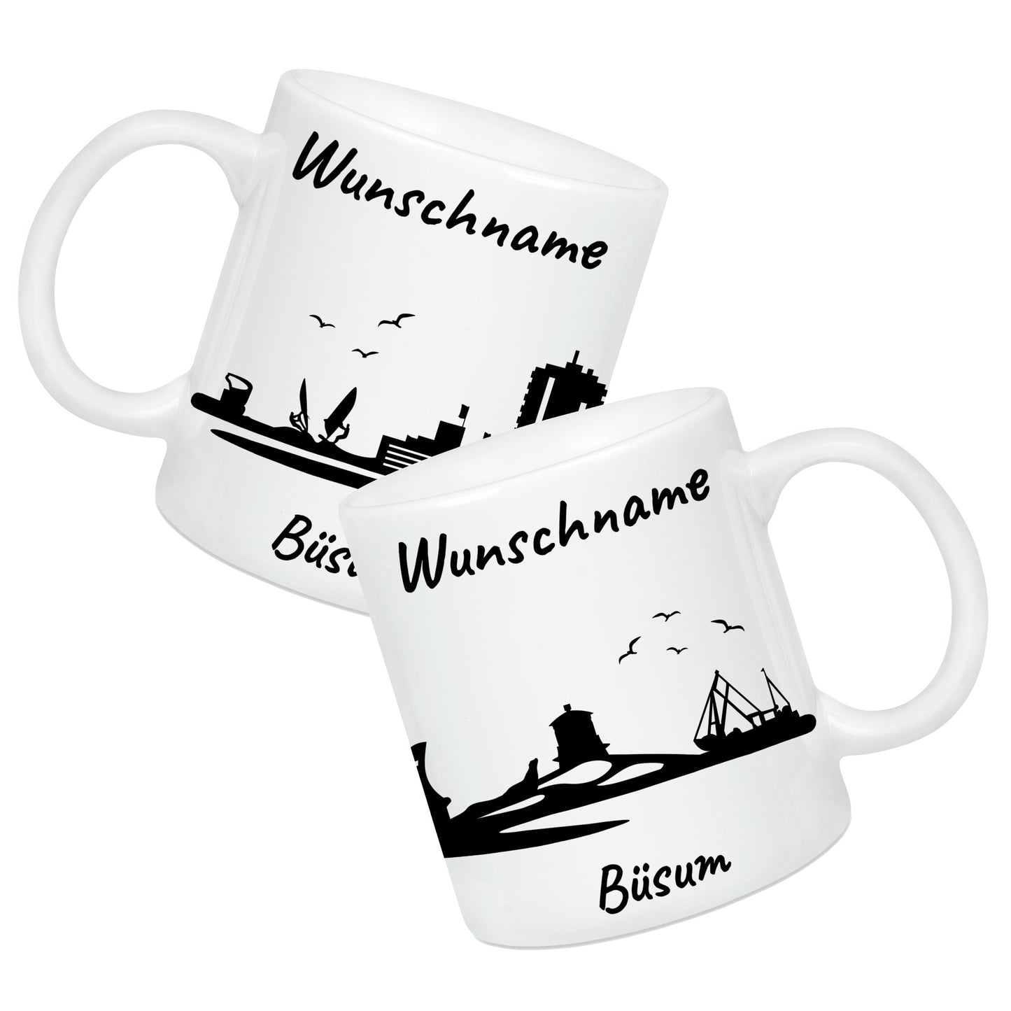 Tasse in Weiß 330ml bedruckt mit der Skyline von Büsum personalisierbar mit Wunschname