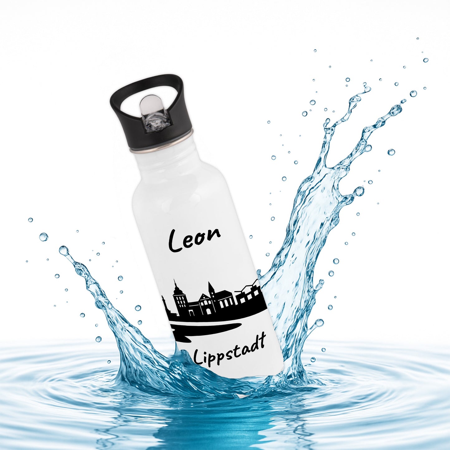 Trinkflasche in Weiß 600ml aus Edelstahl bedruckt mit der Skyline von Lippstadt personalisierbar mit Wunschname