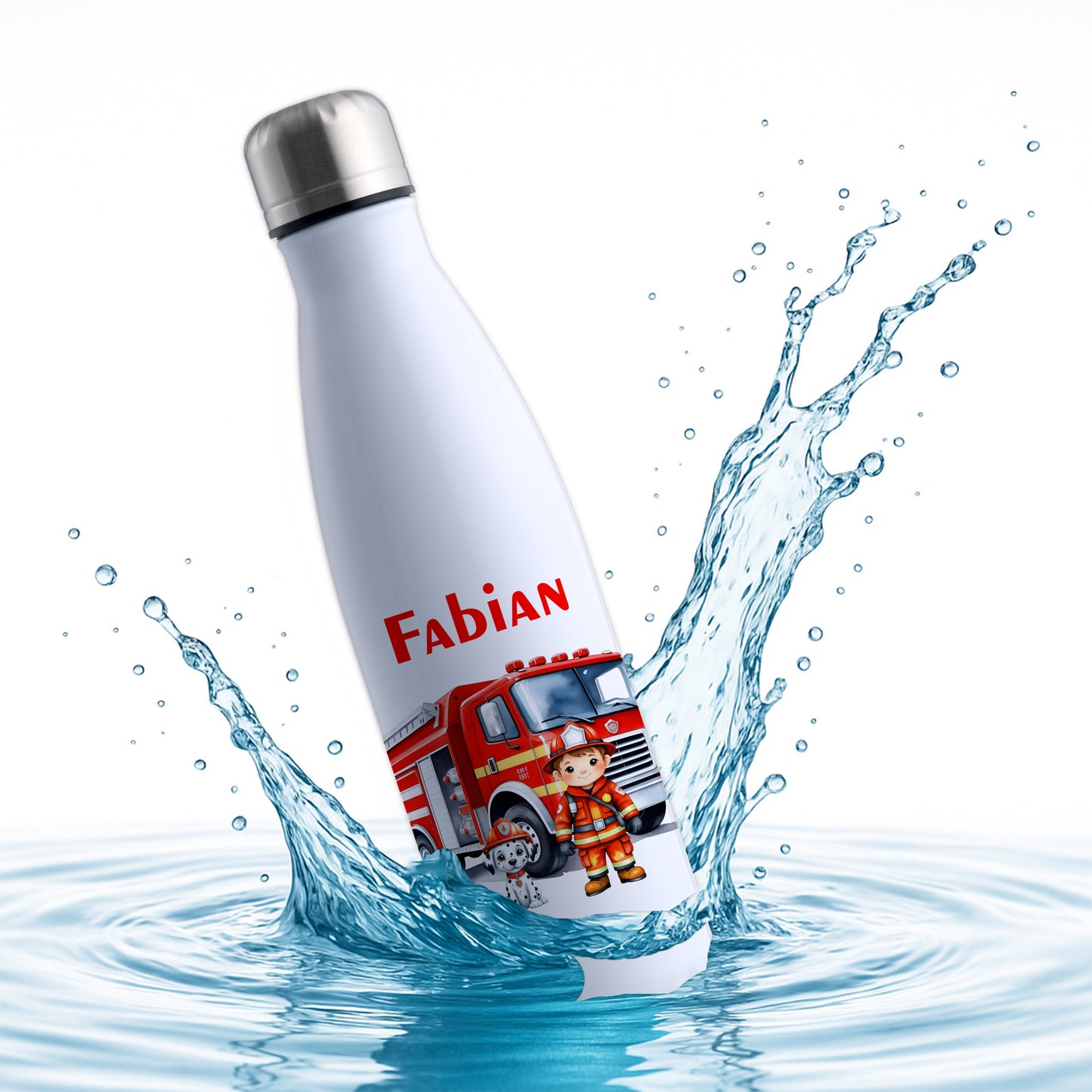 Thermoflasche 500ml in Weiß bedruckt mit tollen Motiven für Kinder "Feuerwehr" personalisierbar mit Wunschname