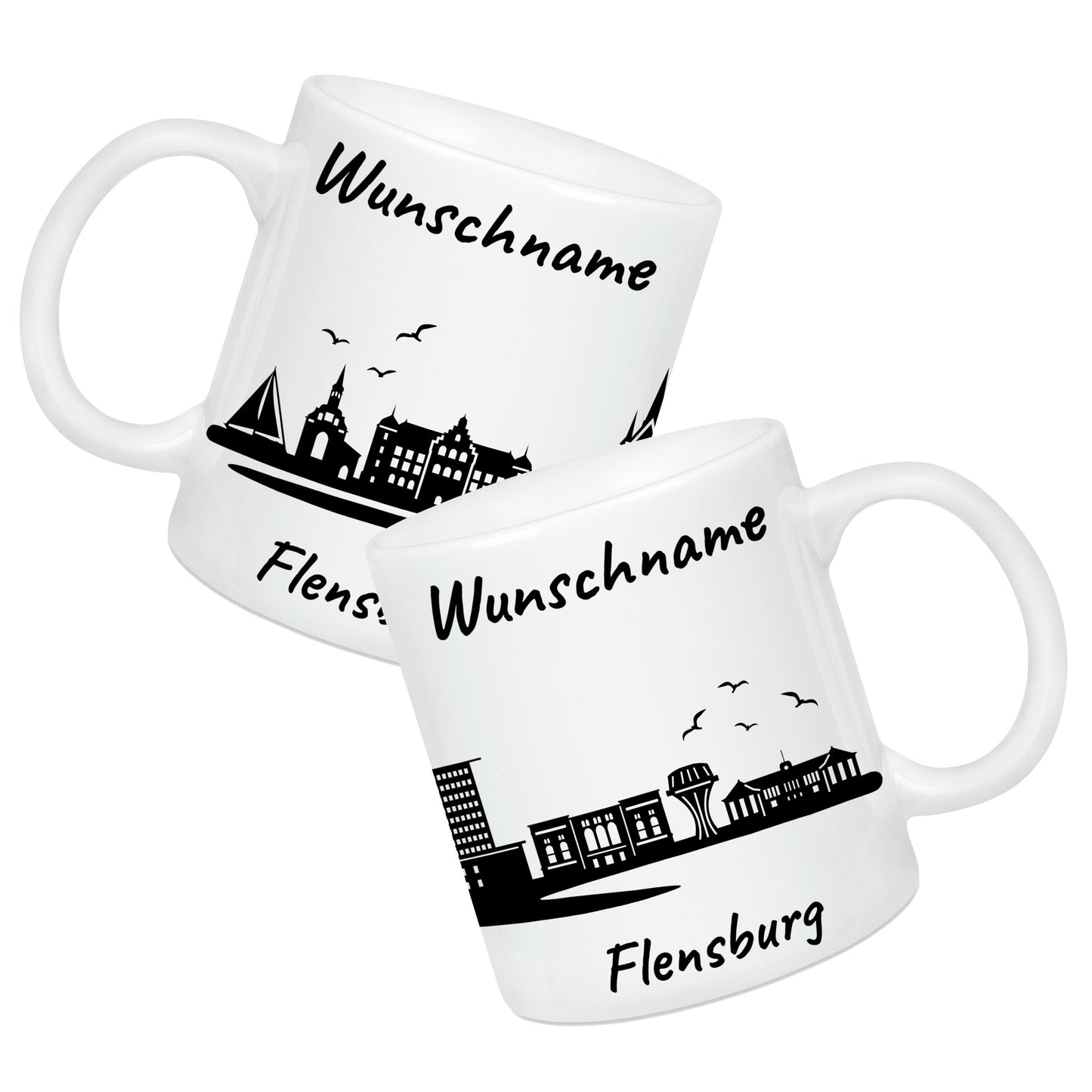 Tasse in Weiß 330ml bedruckt mit der Skyline von Flensburg personalisierbar mit Wunschname