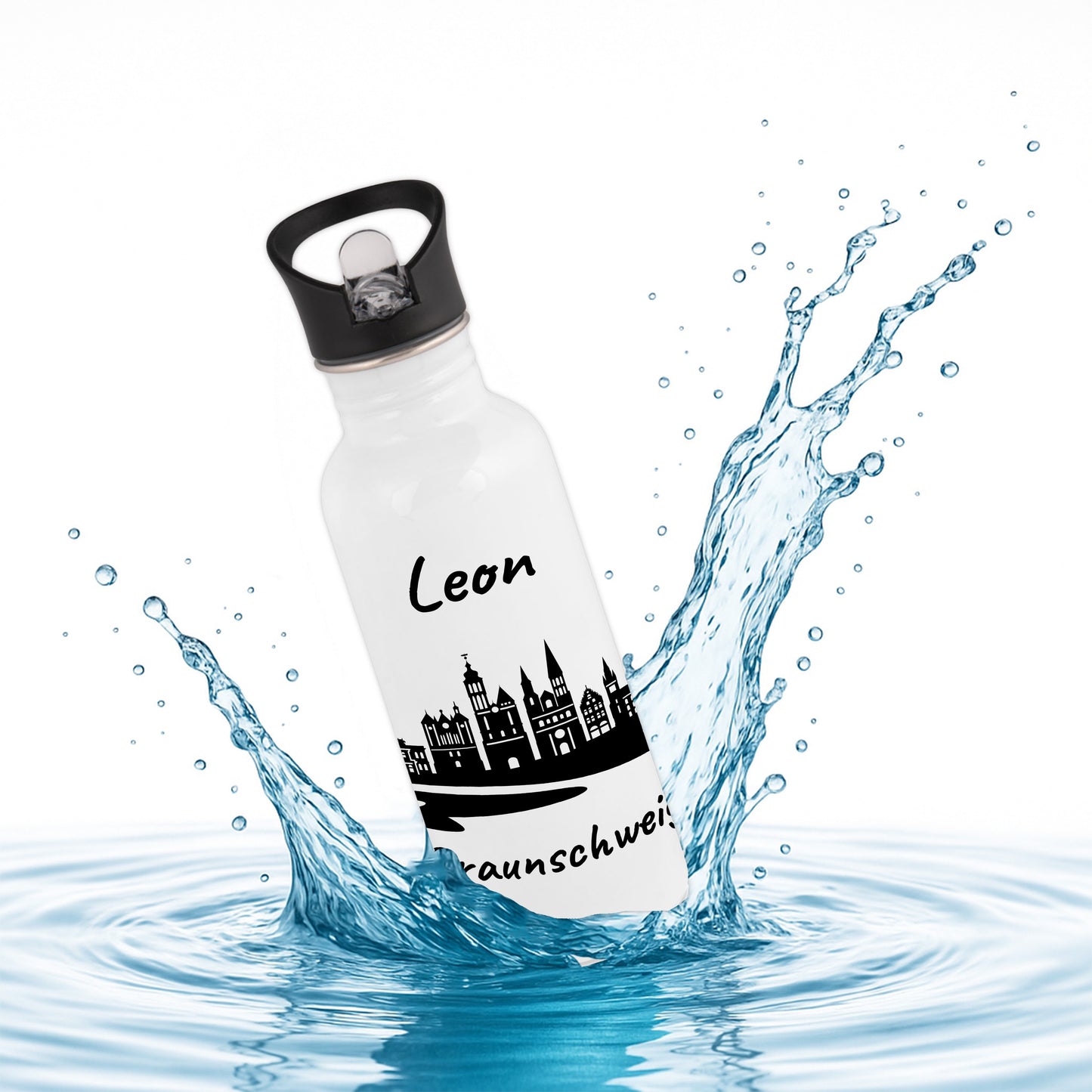 Trinkflasche in Weiß 600ml aus Edelstahl bedruckt mit der Skyline von Braunschweig personalisierbar mit Wunschname