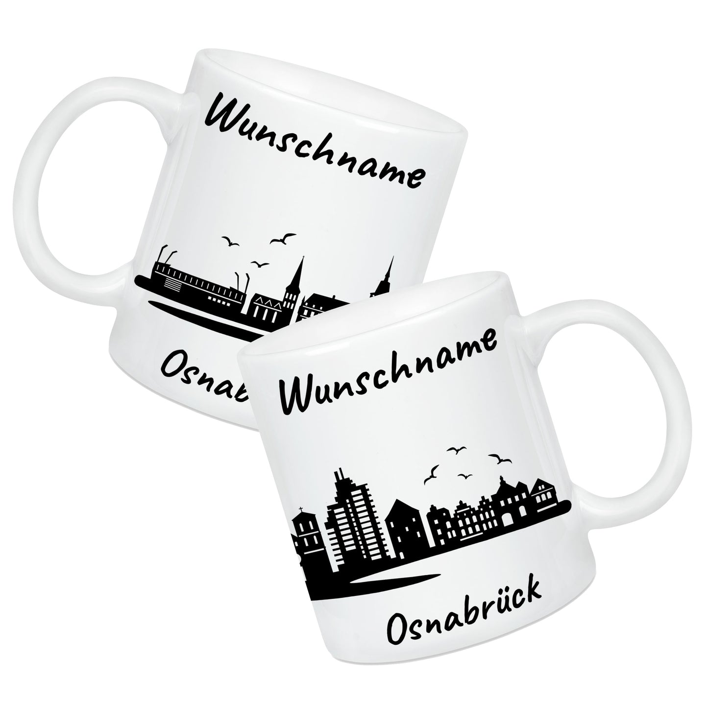 Tasse in Weiß 330ml bedruckt mit der Skyline von Osnabrück personalisierbar mit Wunschname