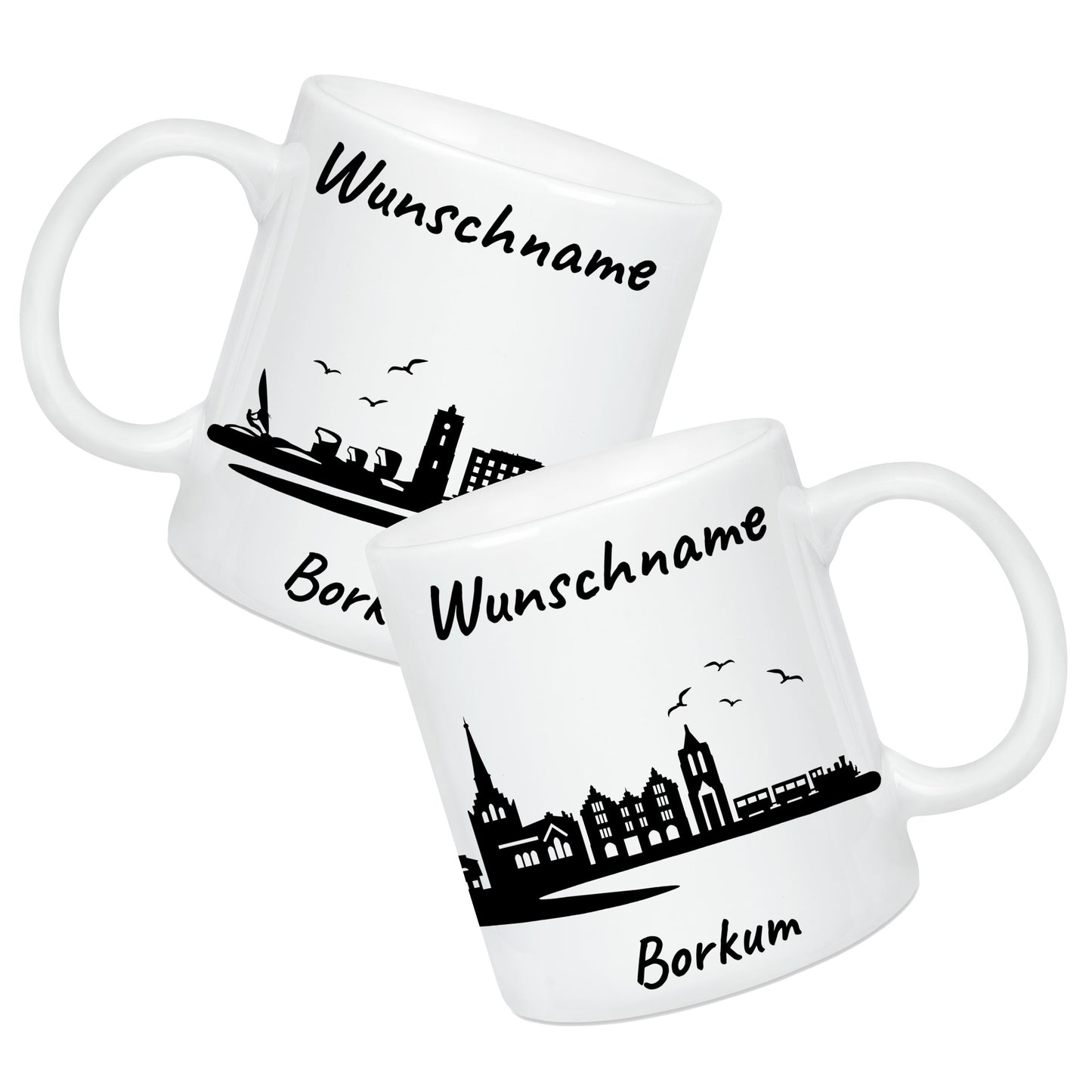Tasse in Weiß 330ml bedruckt mit der Skyline von Borkum personalisierbar mit Wunschname