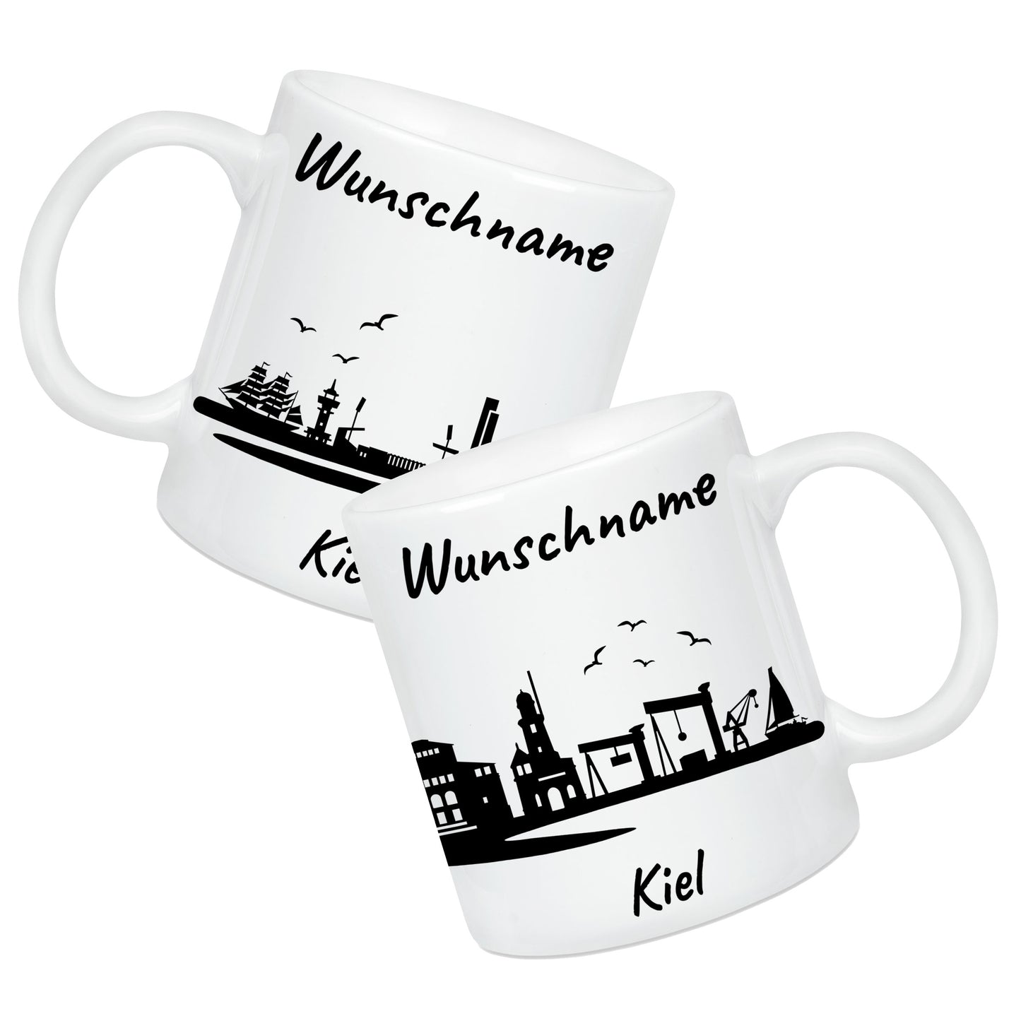 Tasse in Weiß 330ml bedruckt mit der Skyline von Kiel personalisierbar mit Wunschname