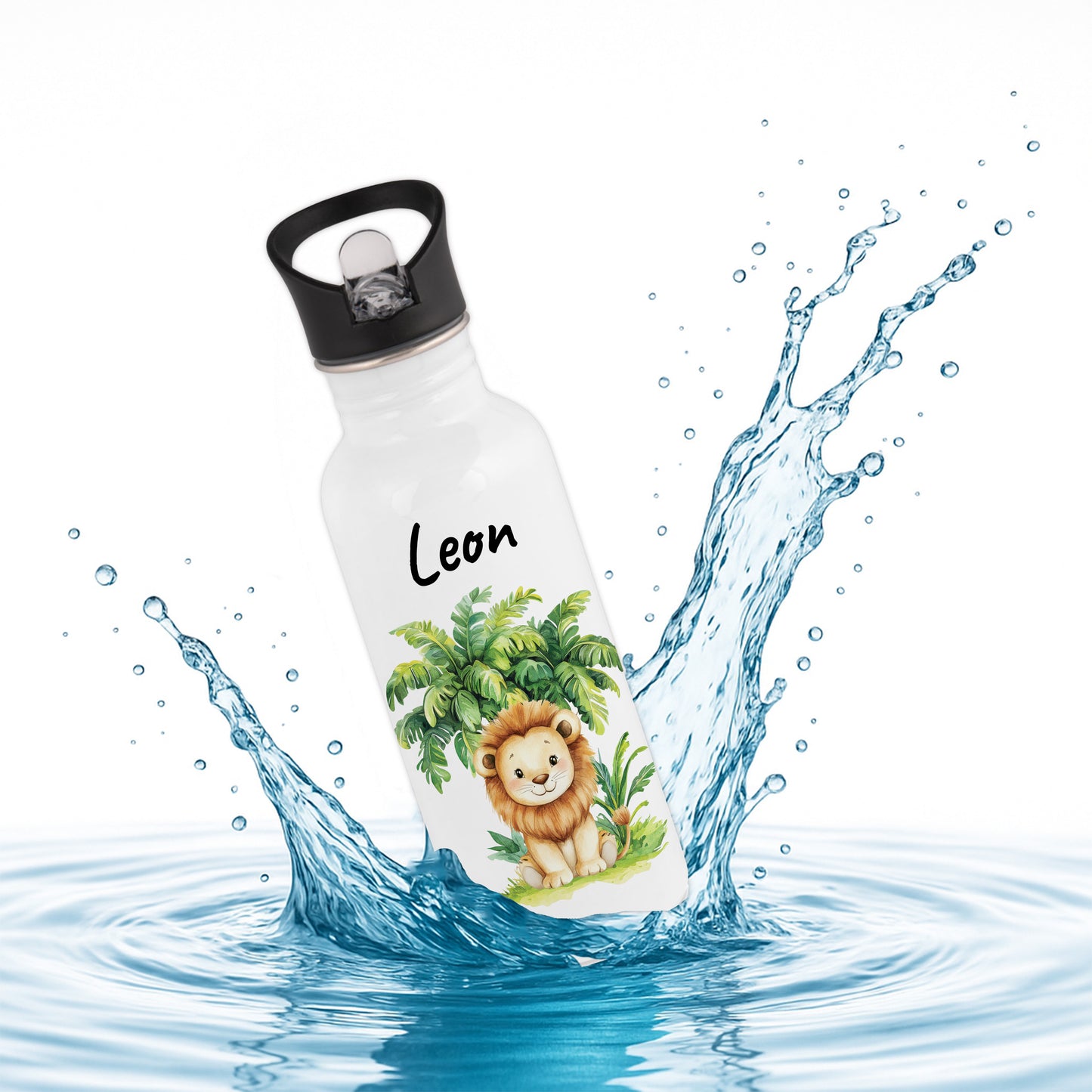 Trinkflasche mit Strohhalm in Weiß 600ml bedruckt mit Dschungel Tieren"Löwe" personalisierbar für Kinder mit Wunschname aus Edelstahl