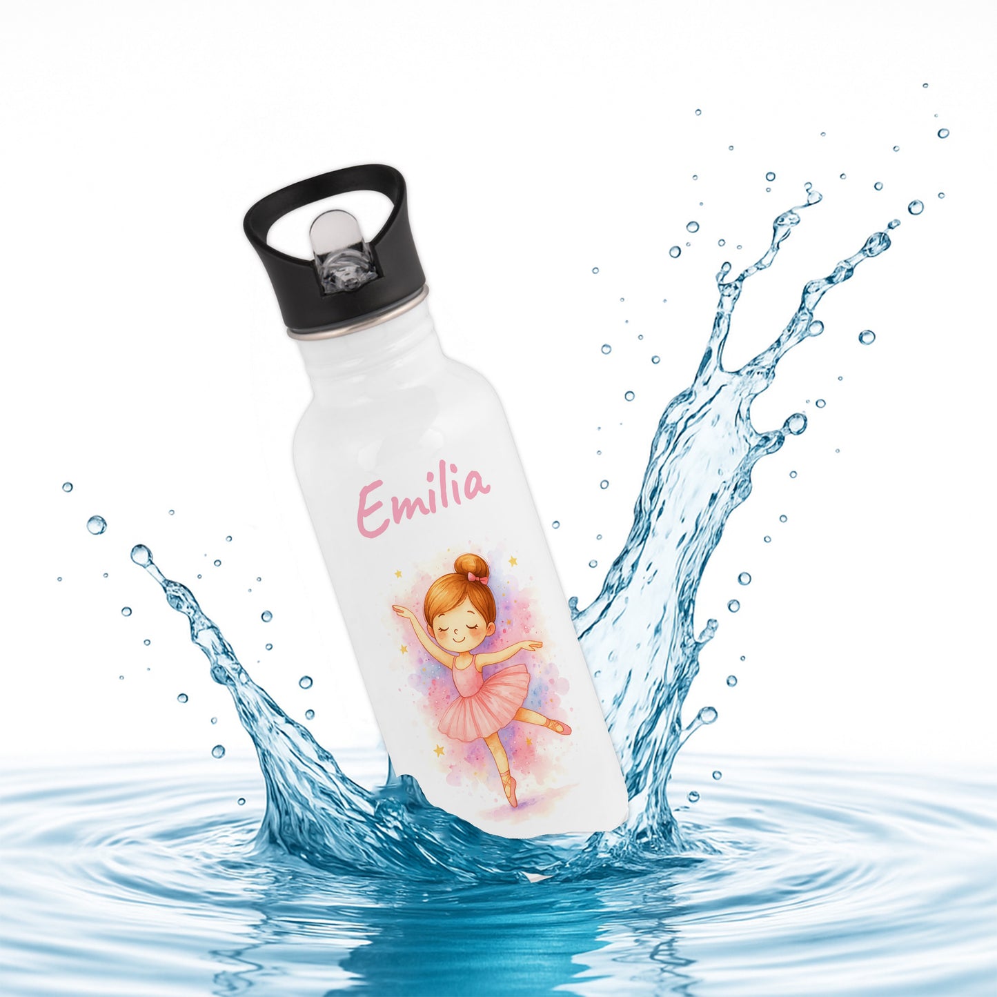 Trinkflasche mit Strohhalm in Weiß 600ml bedruckt mit tollen Motiven für Kinder "Ballerina" personalisierbar für Kinder mit Wunschname aus Edelstahl