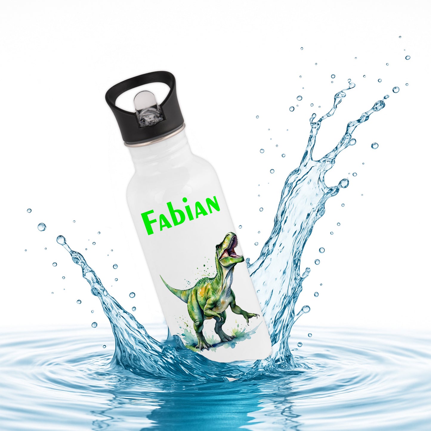 Trinkflasche mit Strohhalm in Weiß 600ml bedruckt mit tollen Motiven für Kinder "Dino T-Rex" personalisierbar für Kinder mit Wunschname aus Edelstahl