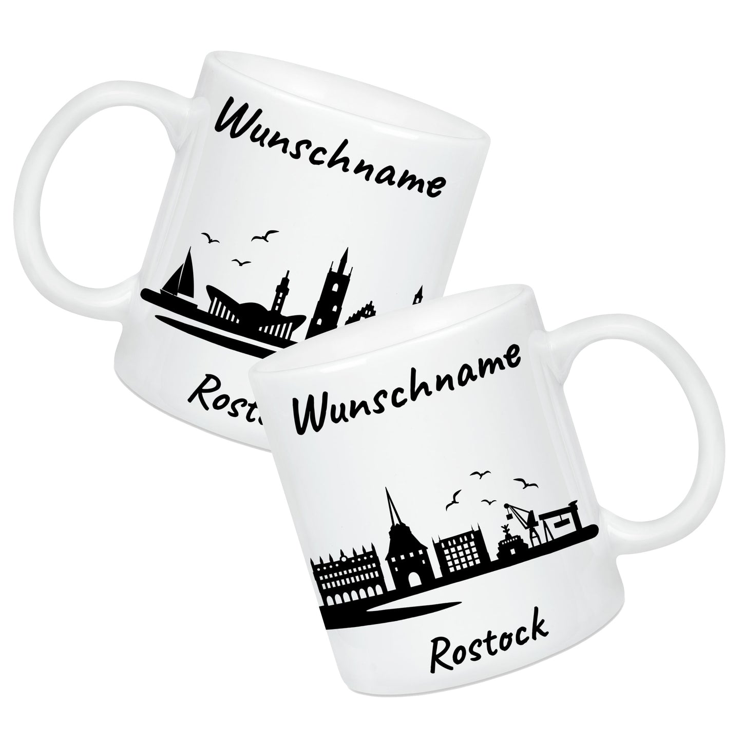 Tasse in Weiß 330ml bedruckt mit der Skyline von Rostock personalisierbar mit Wunschname