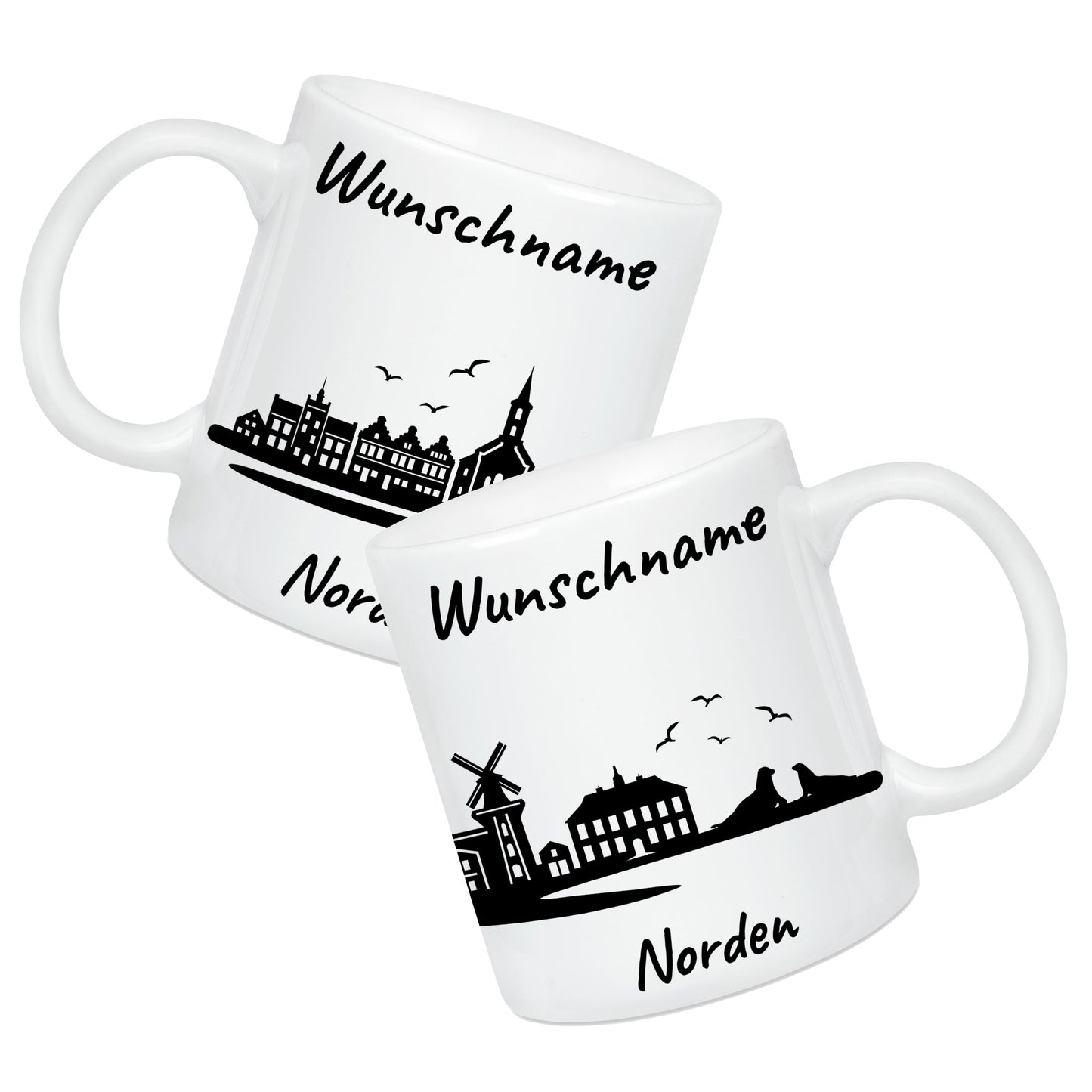 Tasse in Weiß 330ml bedruckt mit der Skyline von Norden personalisierbar mit Wunschname