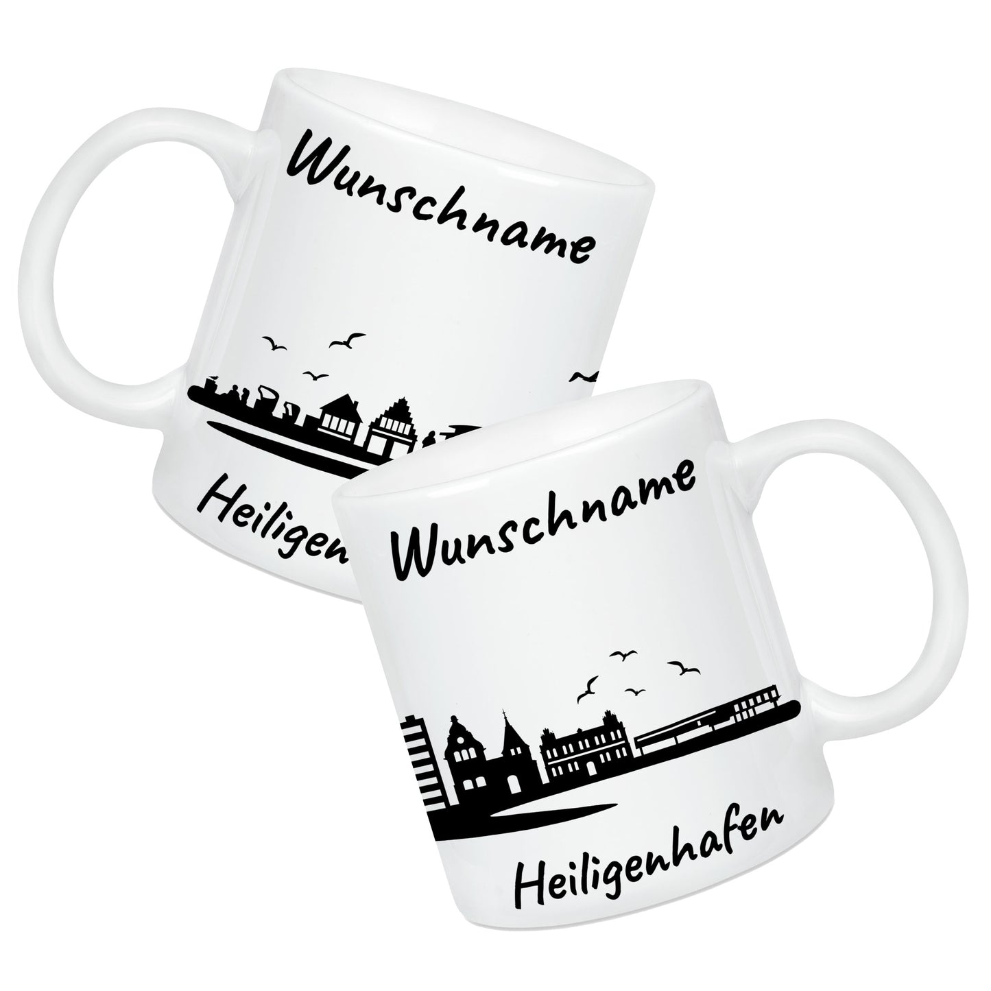 Tasse in Weiß 330ml bedruckt mit der Skyline von Heiligenhafen personalisierbar mit Wunschname