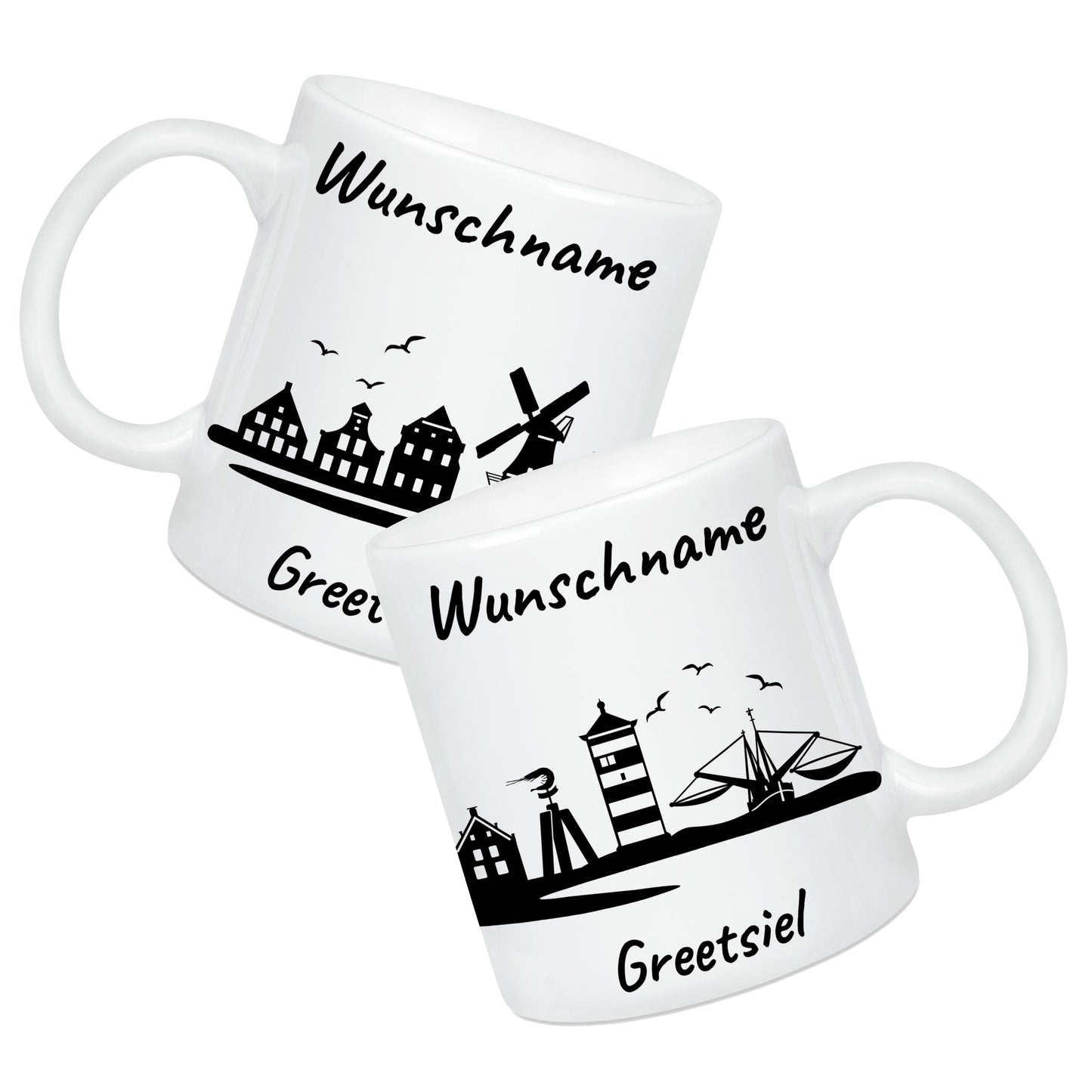 Tasse in Weiß 330ml bedruckt mit der Skyline von Greetsiel personalisierbar mit Wunschname
