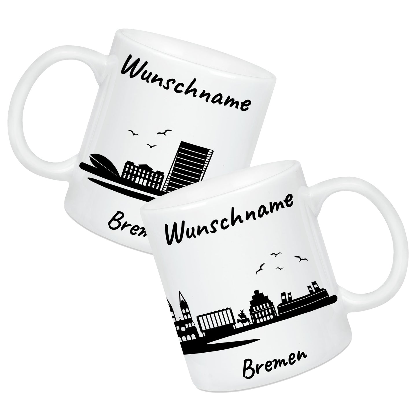 Tasse in Weiß 330ml bedruckt mit der Skyline von Bremen personalisierbar mit Wunschname