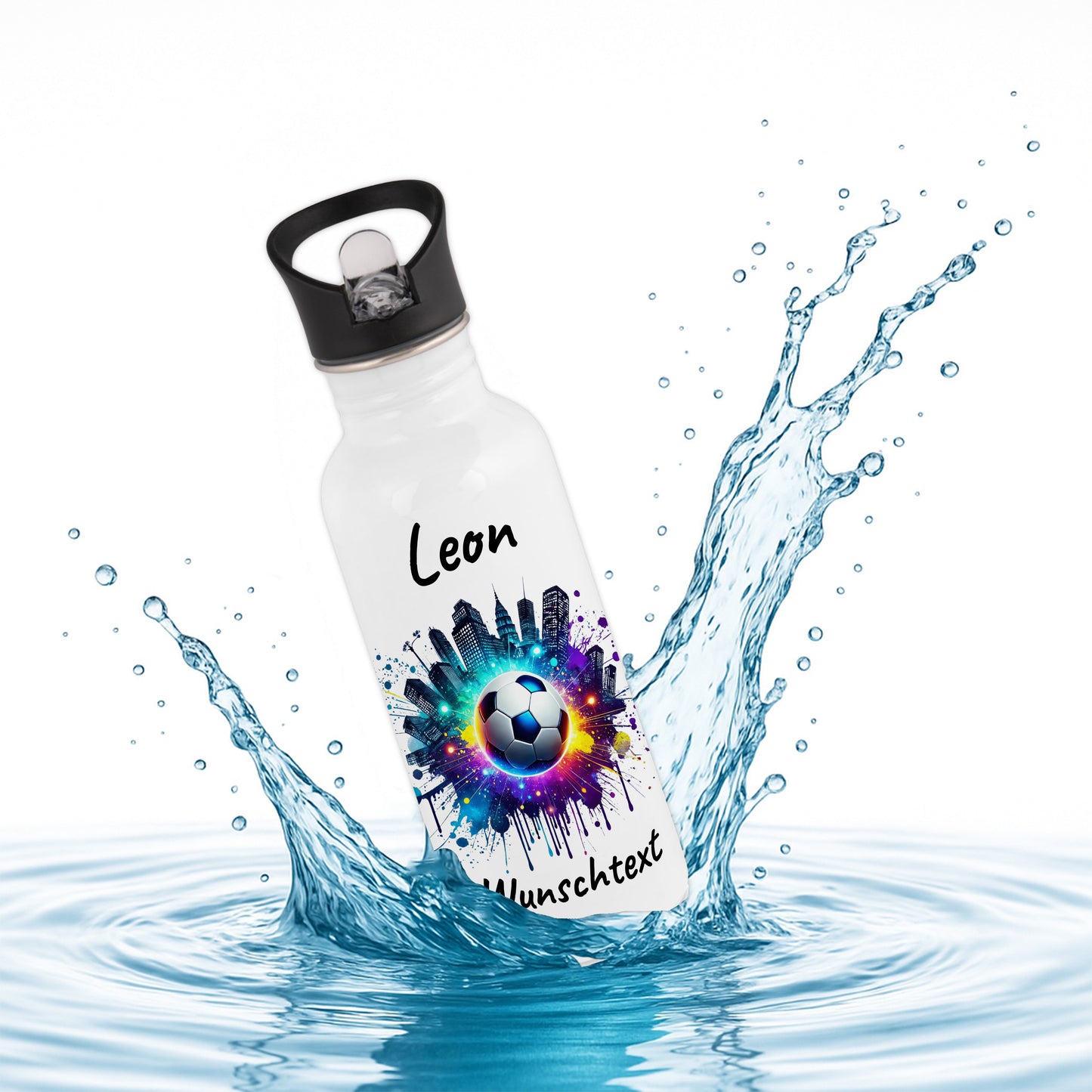Trinkflasche mit Strohhalm in Weiß 600ml bedruckt mit Fußball Motiven"Motiv7" personalisierbar für Kinder mit Wunschname aus Edelstahl