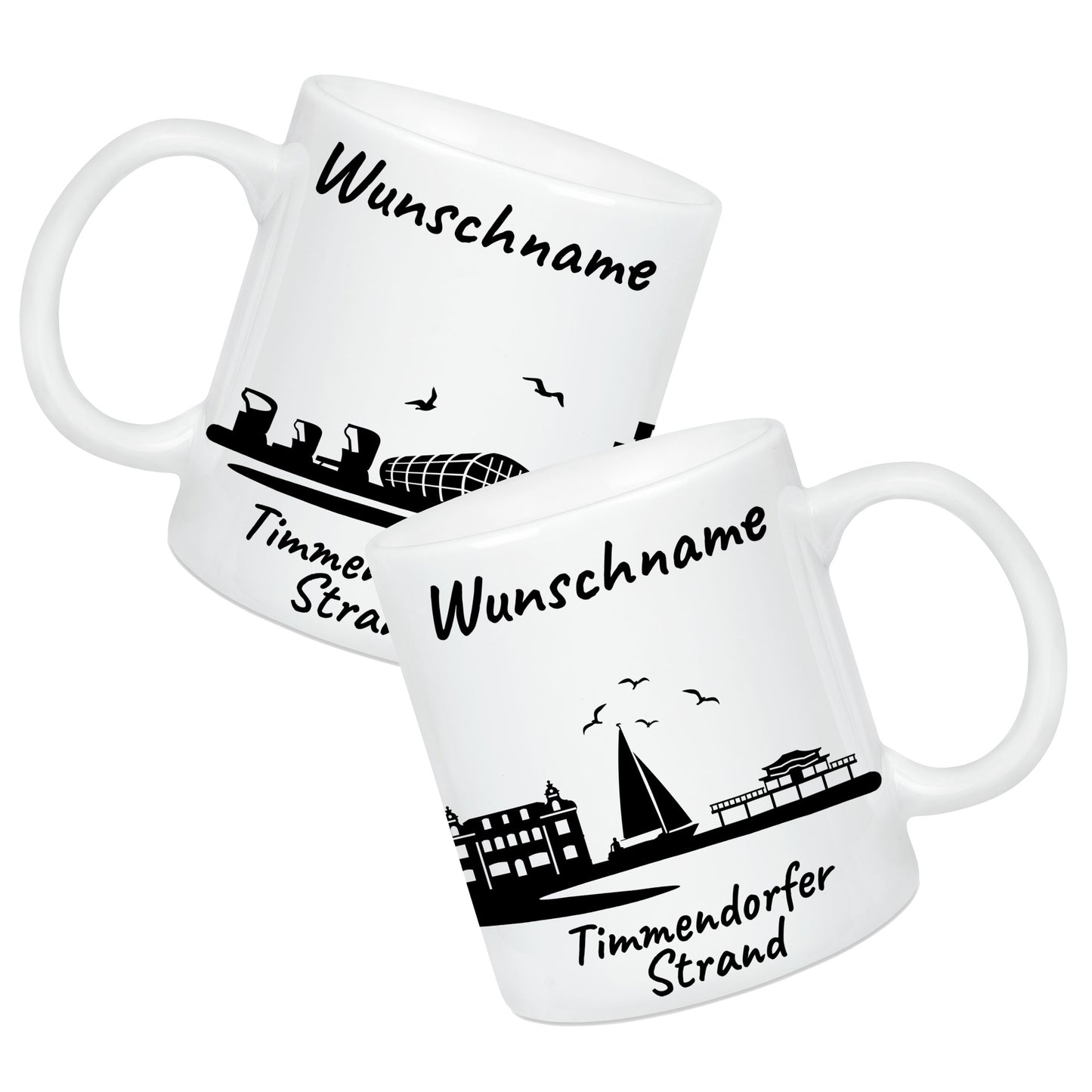 Tasse in Weiß 330ml bedruckt mit der Skyline von Timmendorfer Strand personalisierbar mit Wunschname