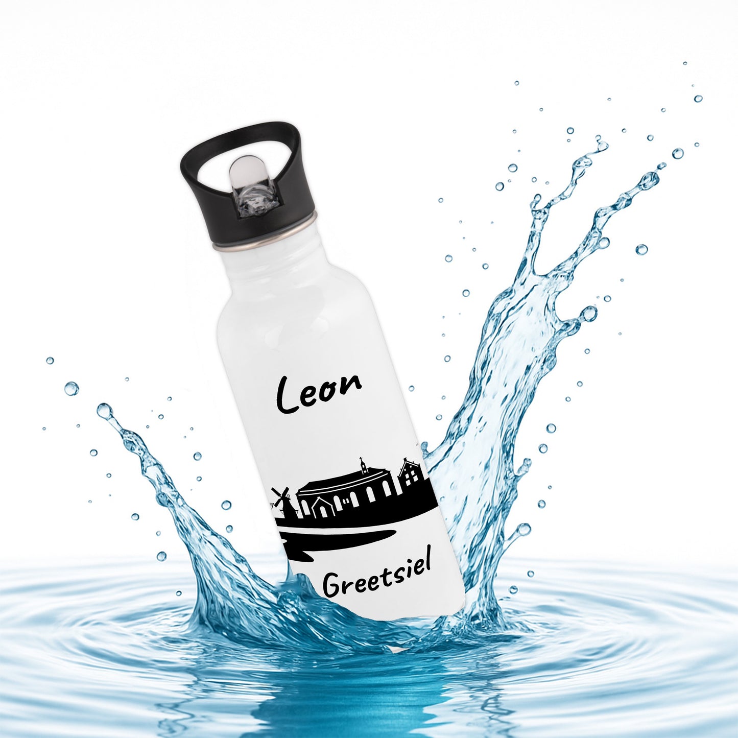 Trinkflasche in Weiß 600ml aus Edelstahl bedruckt mit der Skyline von Greetsiel personalisierbar mit Wunschname
