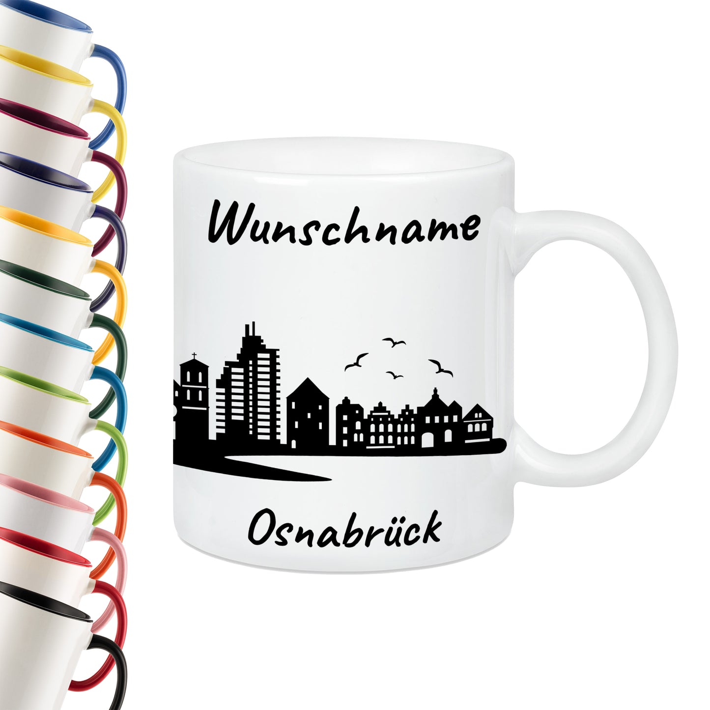 Tasse in Weiß 330ml bedruckt mit der Skyline von Osnabrück personalisierbar mit Wunschname