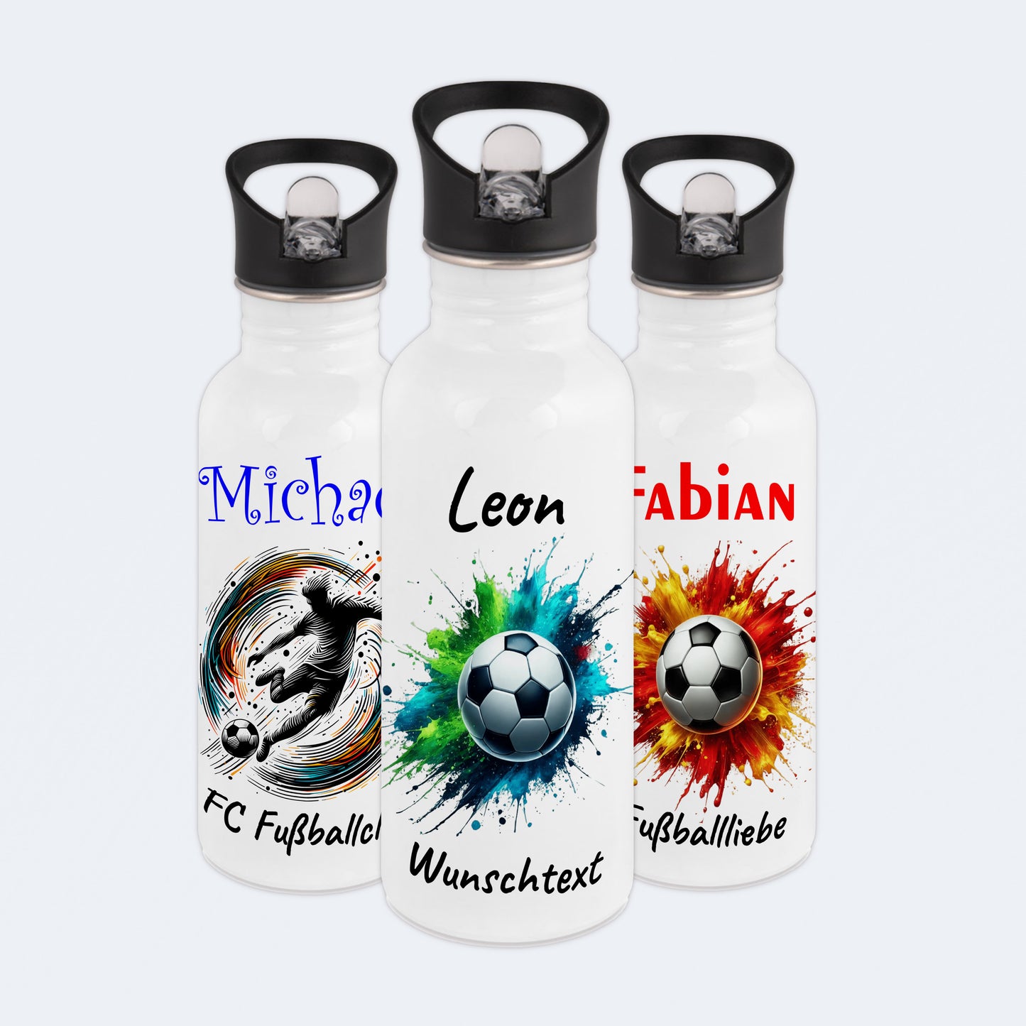 Trinkflasche mit Strohhalm in Weiß 600ml bedruckt mit Fußball Motiven"Motiv8" personalisierbar für Kinder mit Wunschname aus Edelstahl