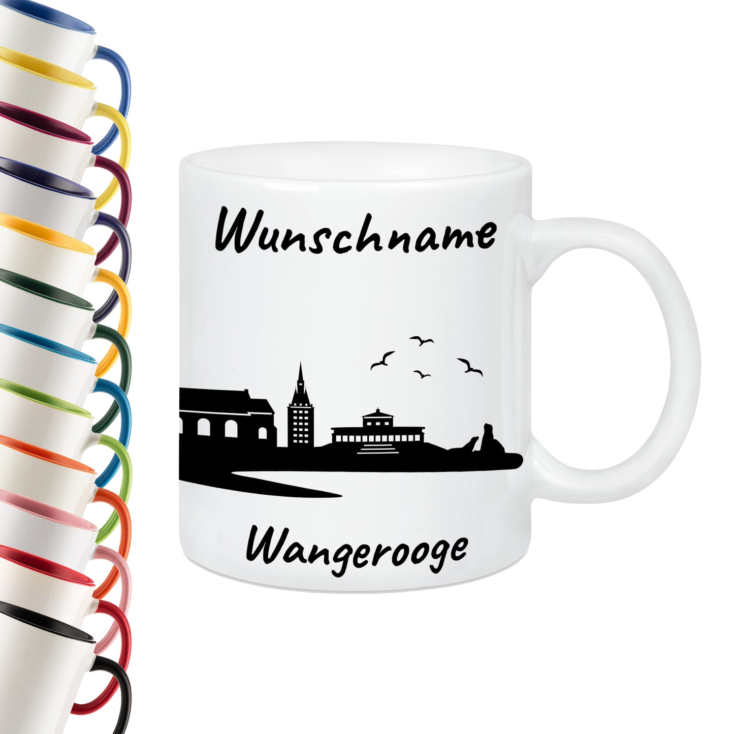 Tasse in Weiß 330ml bedruckt mit der Skyline von Wangerooge personalisierbar mit Wunschname