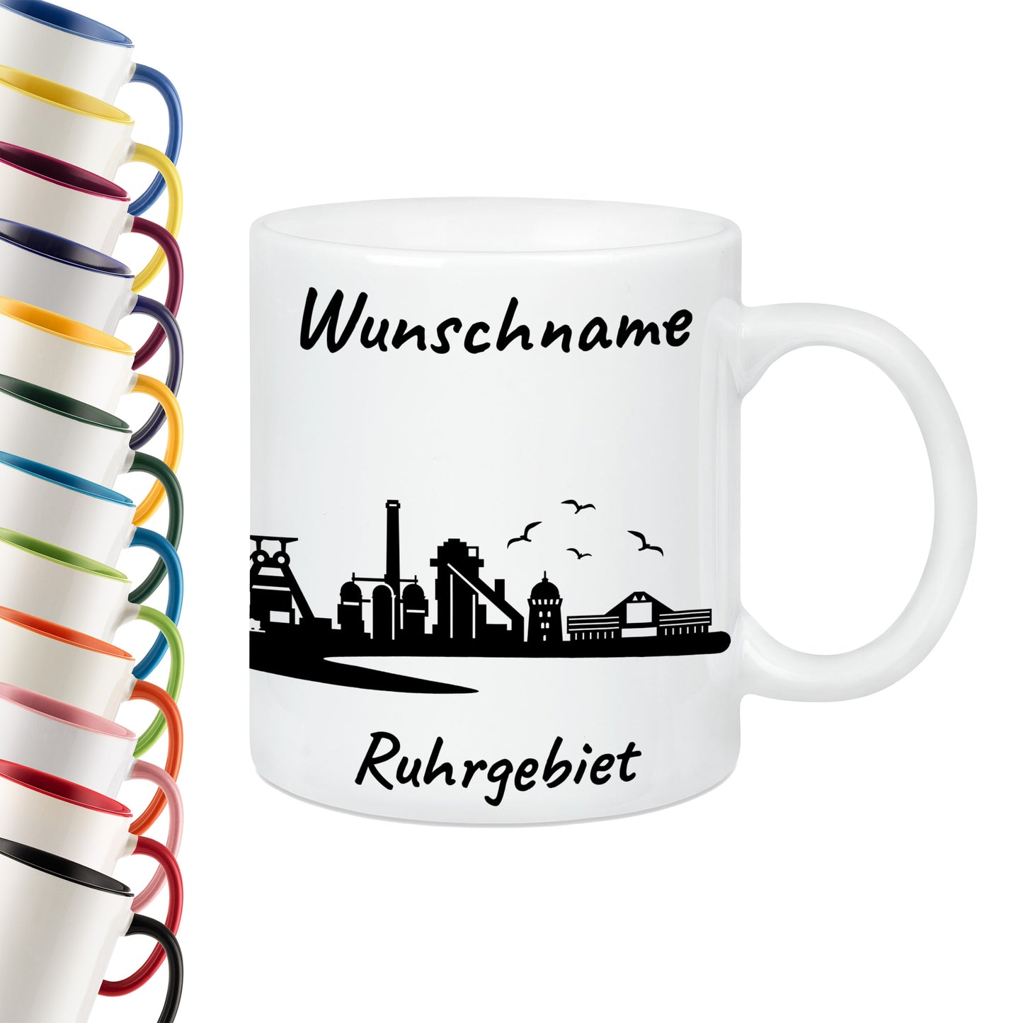Tasse in Weiß 330ml bedruckt mit der Skyline von Ruhrgebiet personalisierbar mit Wunschname