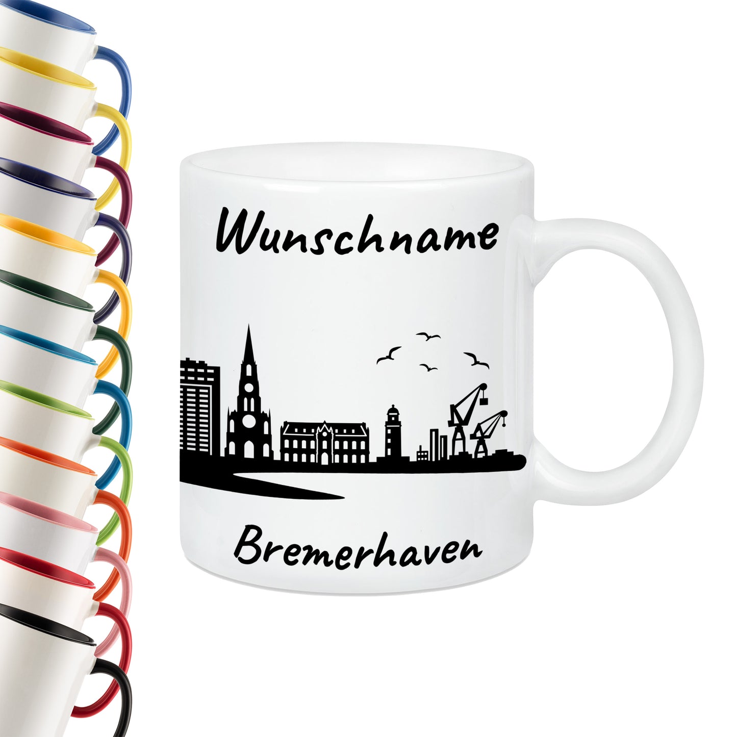 Tasse in Weiß 330ml bedruckt mit der Skyline von Bremerhaven personalisierbar mit Wunschname