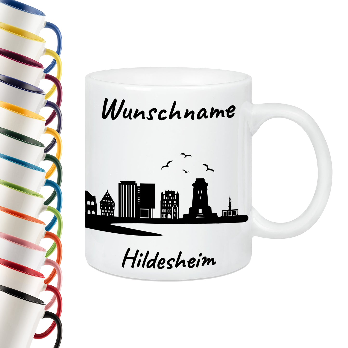 Tasse in Weiß 330ml bedruckt mit der Skyline von Hildesheim personalisierbar mit Wunschname