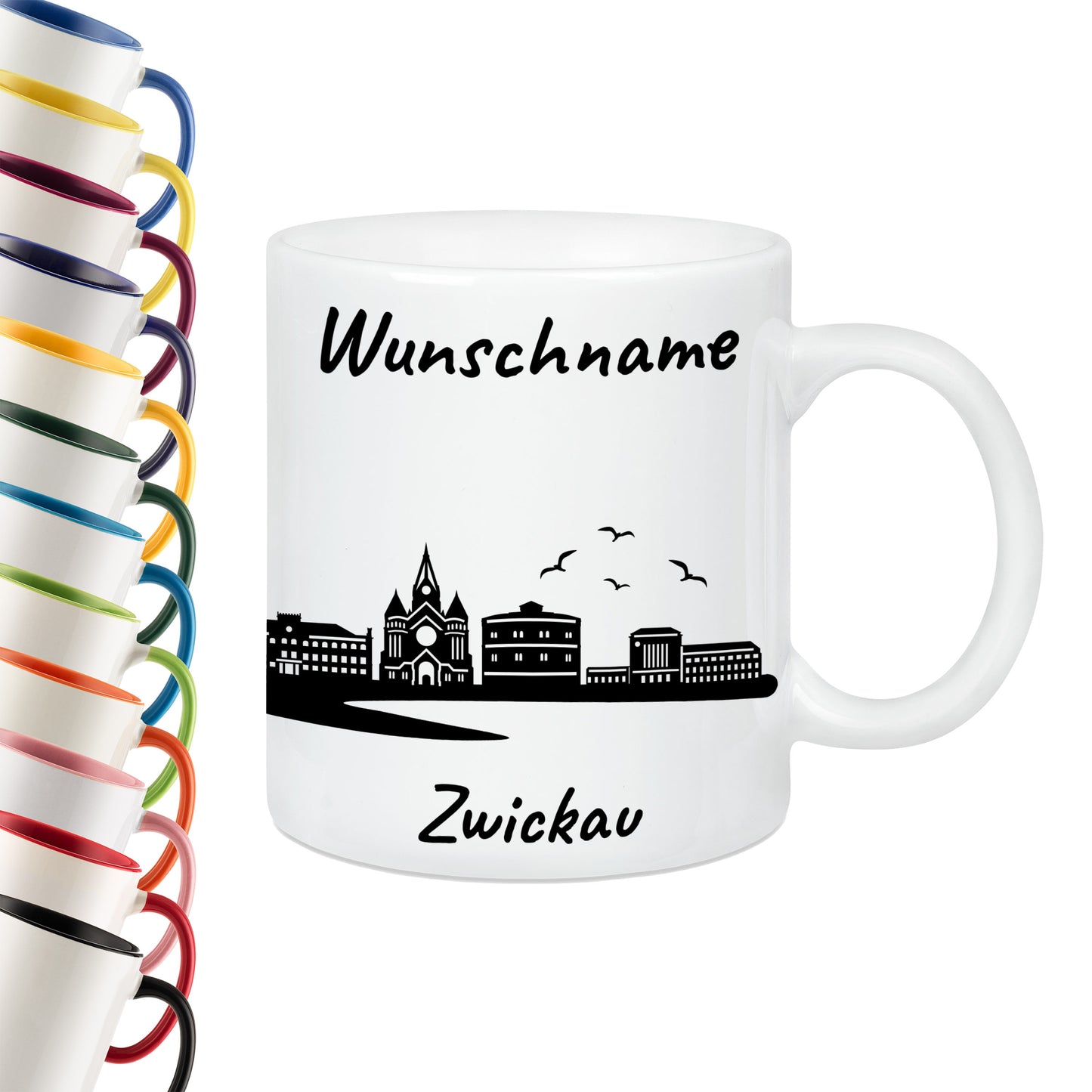 Tasse in Weiß 330ml bedruckt mit der Skyline von Zwickau personalisierbar mit Wunschname