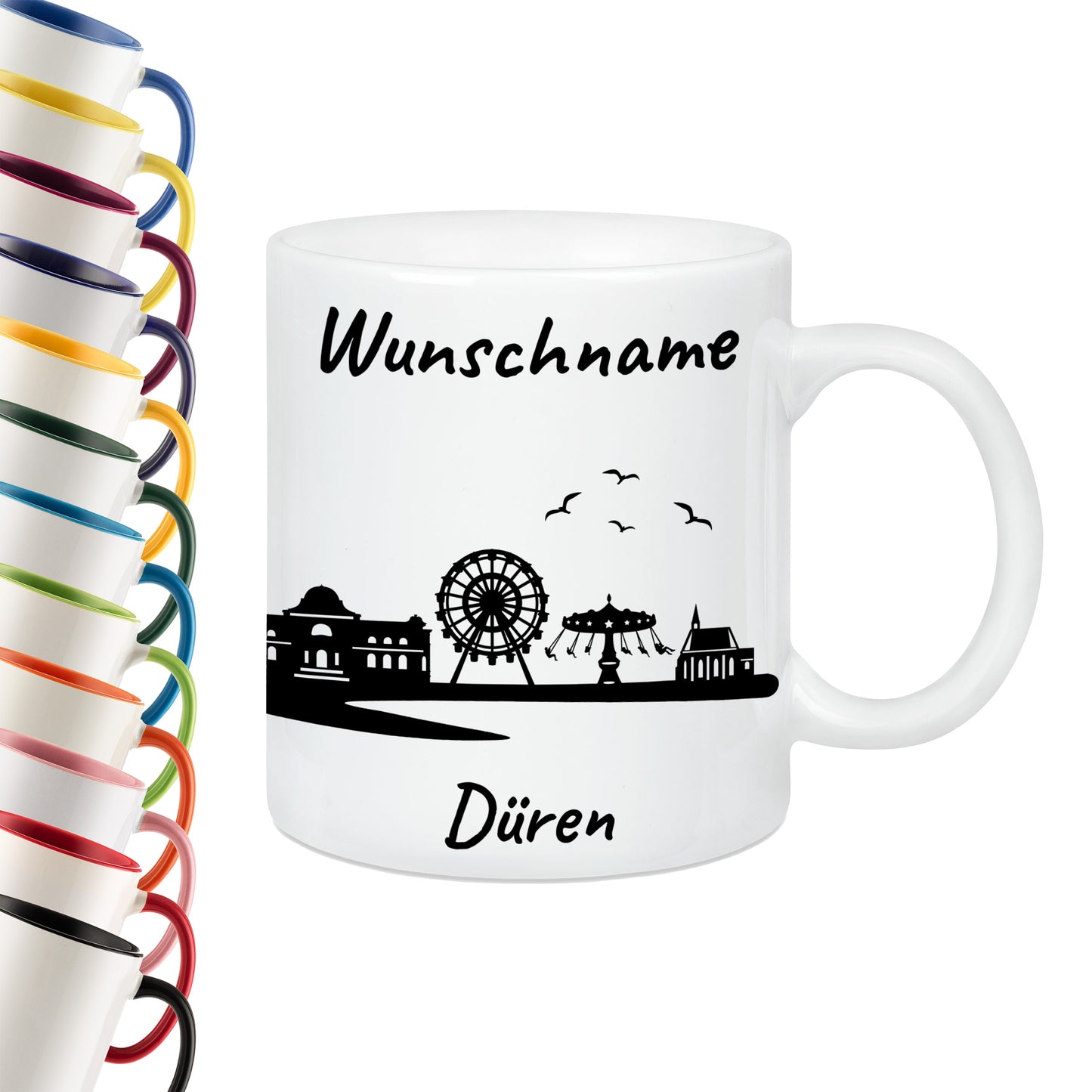 Tasse in Weiß 330ml bedruckt mit der Skyline von Düren personalisierbar mit Wunschname