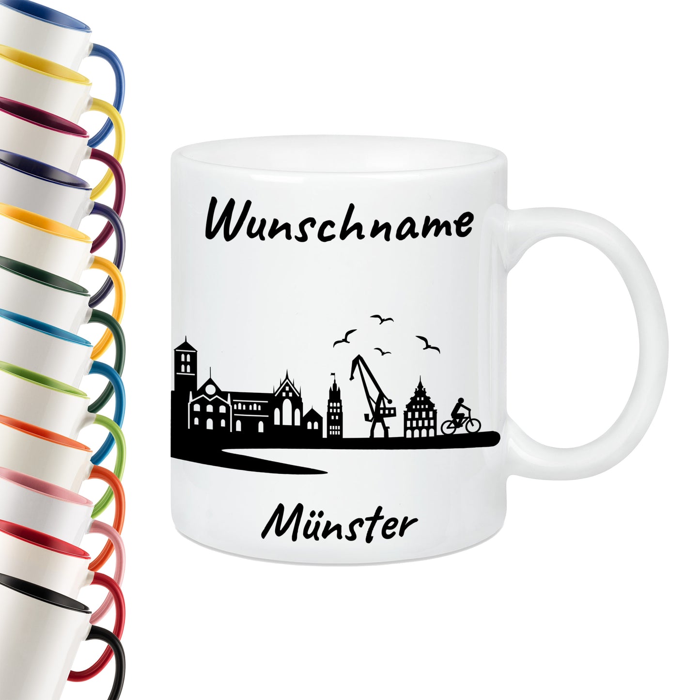 Tasse in Weiß 330ml bedruckt mit der Skyline von Münster personalisierbar mit Wunschname