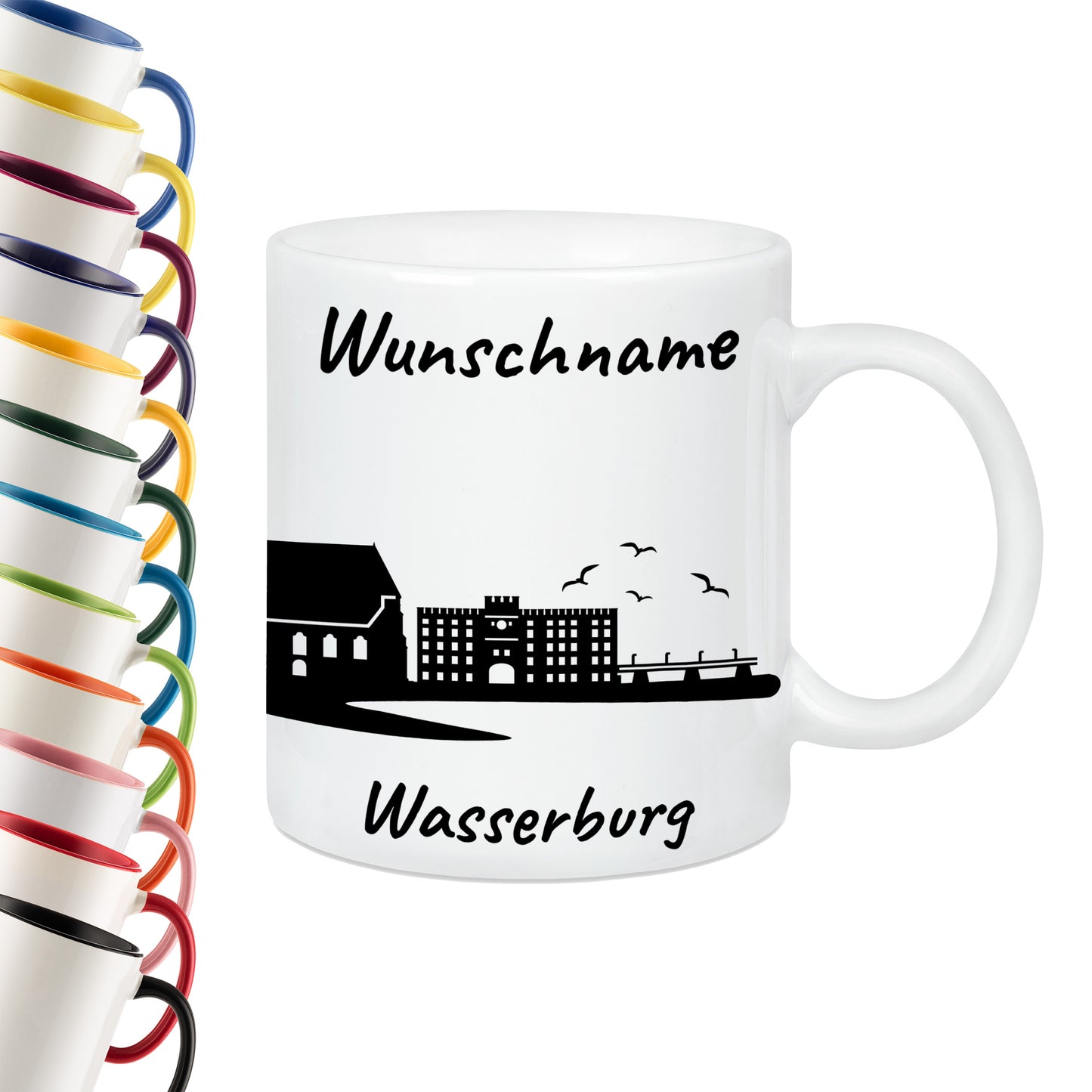 Tasse in Weiß 330ml bedruckt mit der Skyline von Wasserburg personalisierbar mit Wunschname
