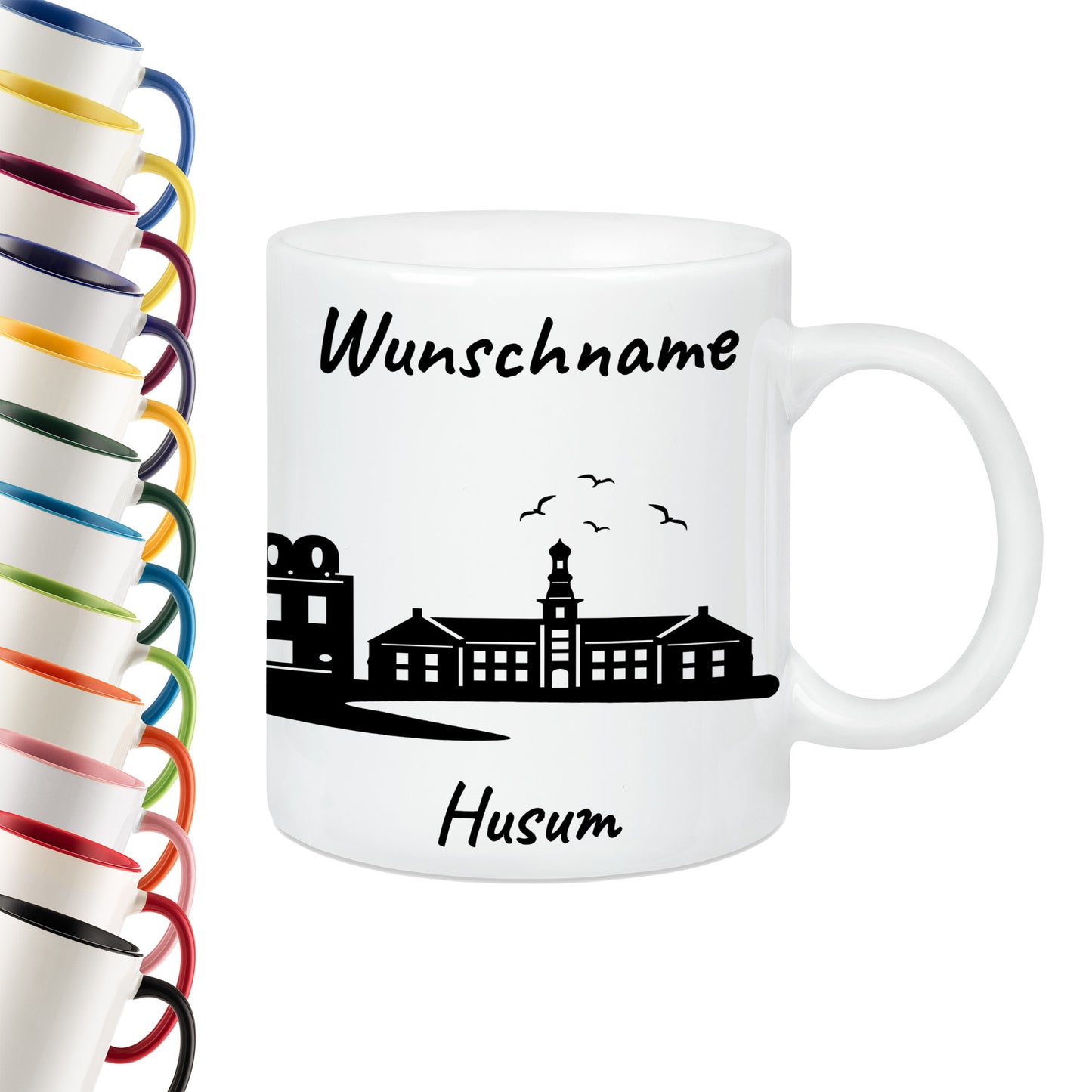 Tasse in Weiß 330ml bedruckt mit der Skyline von Husum personalisierbar mit Wunschname