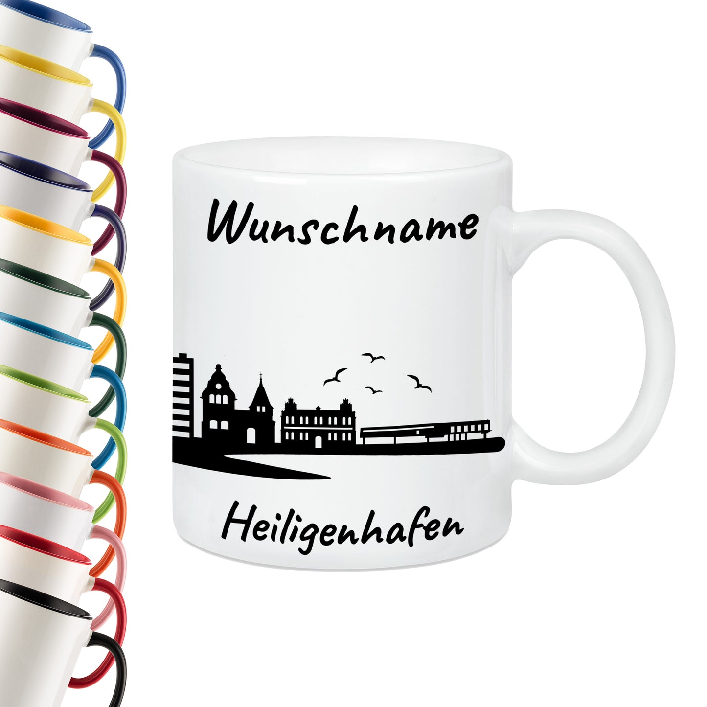 Tasse in Weiß 330ml bedruckt mit der Skyline von Heiligenhafen personalisierbar mit Wunschname