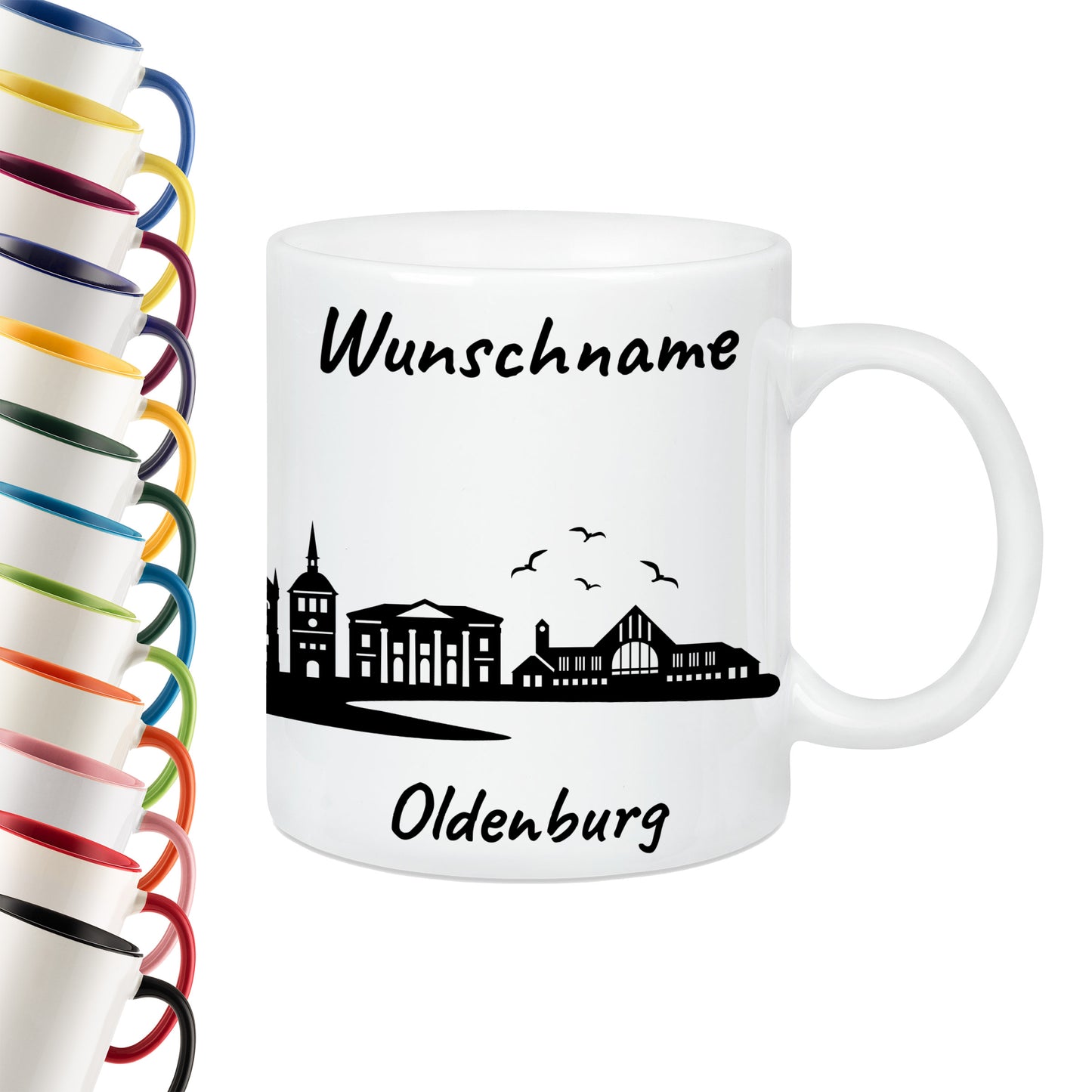 Tasse in Weiß 330ml bedruckt mit der Skyline von Oldenburg personalisierbar mit Wunschname