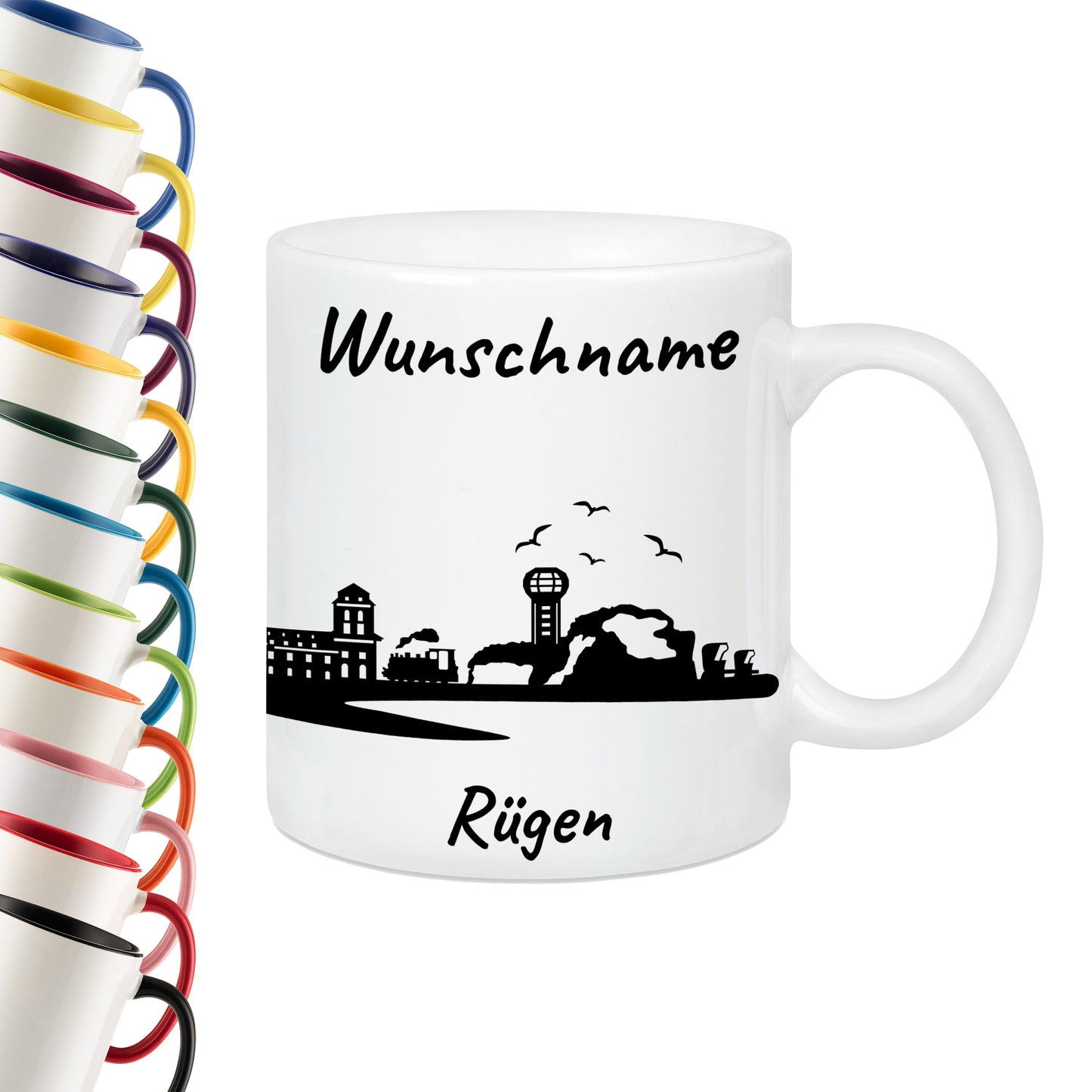 Tasse in Weiß 330ml bedruckt mit der Skyline von Rügen personalisierbar mit Wunschname
