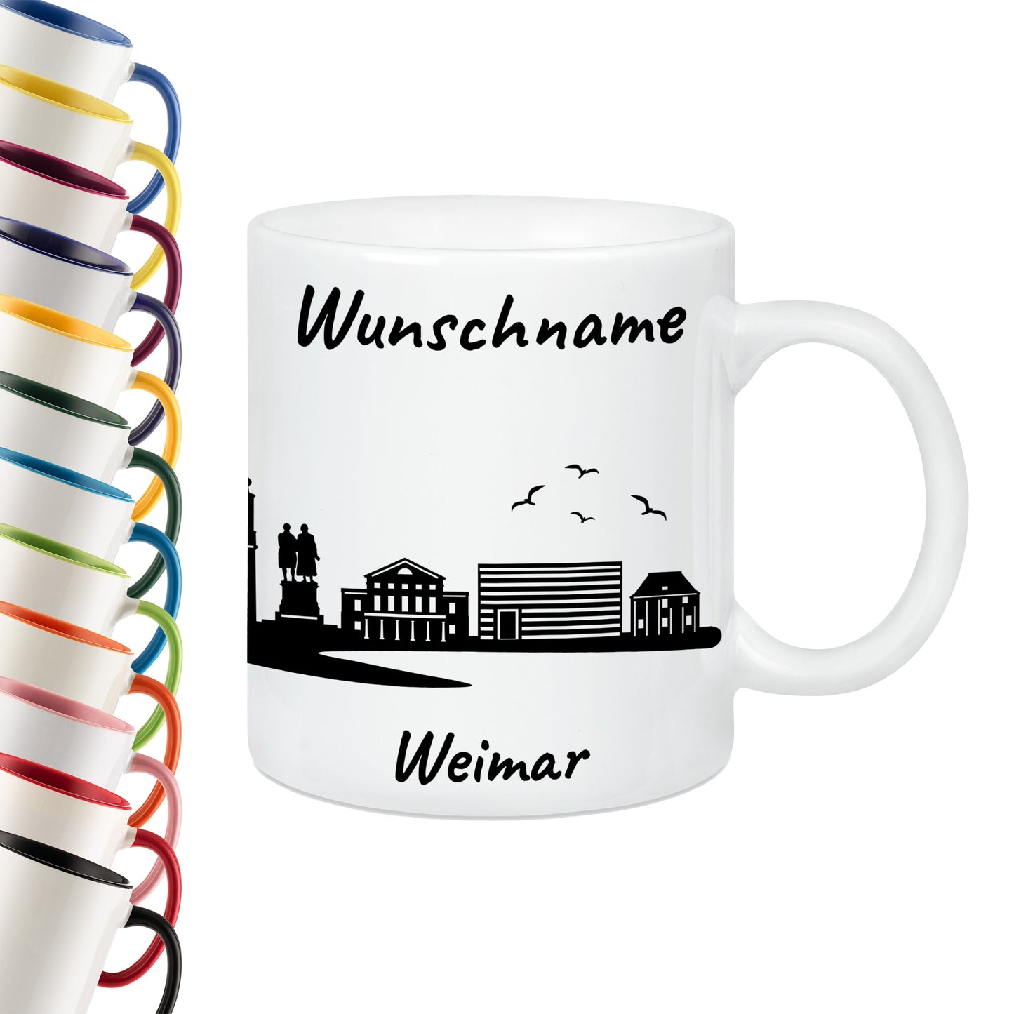 Tasse in Weiß 330ml bedruckt mit der Skyline von Weimar personalisierbar mit Wunschname