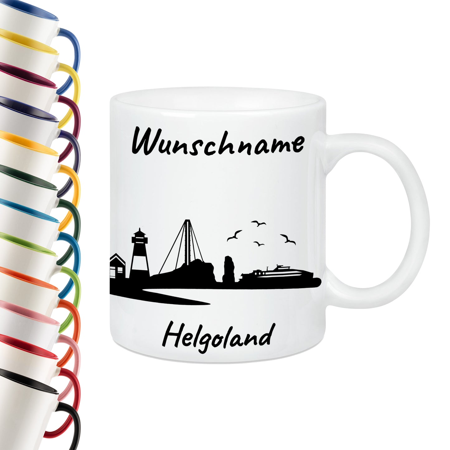 Tasse in Weiß 330ml bedruckt mit der Skyline von Helgoland personalisierbar mit Wunschname