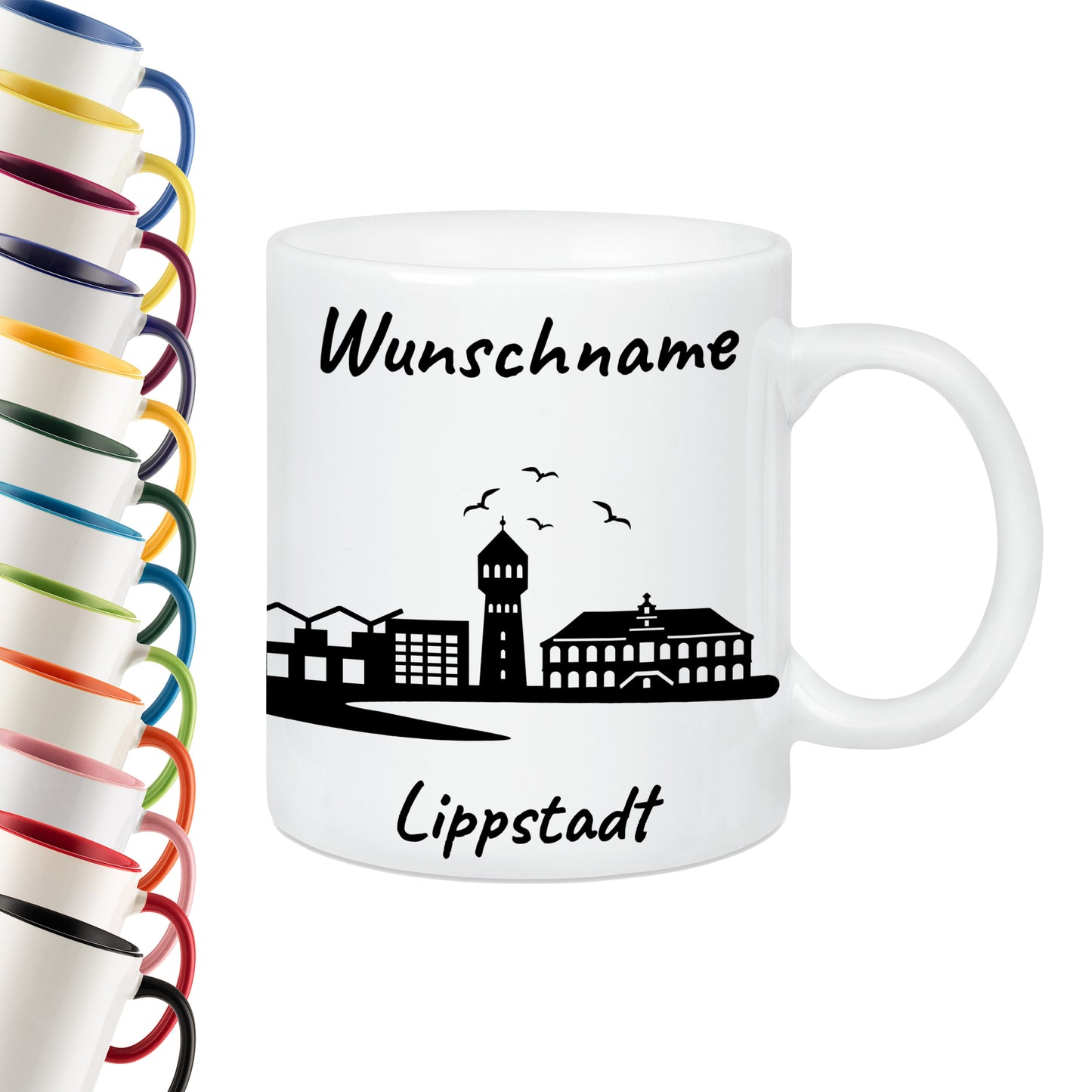 Tasse in Weiß 330ml bedruckt mit der Skyline von Lippstadt personalisierbar mit Wunschname