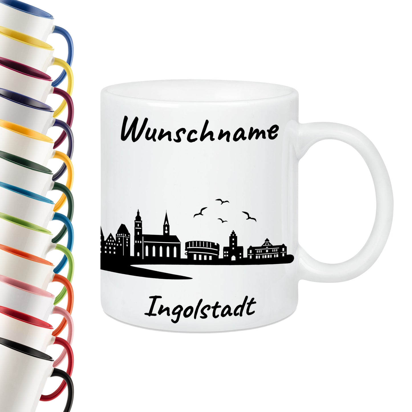Tasse in Weiß 330ml bedruckt mit der Skyline von Ingolstadt personalisierbar mit Wunschname