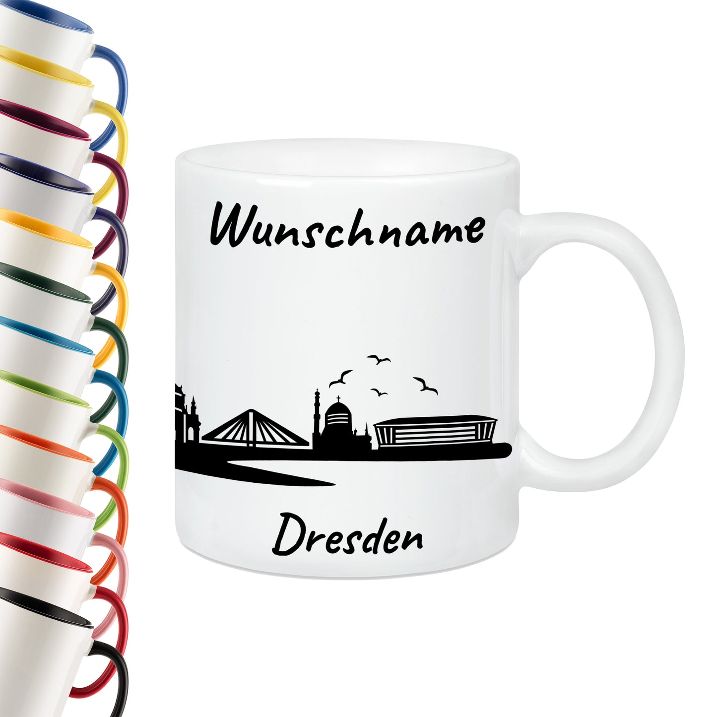Tasse in Weiß 330ml bedruckt mit der Skyline von Dresden personalisierbar mit Wunschname