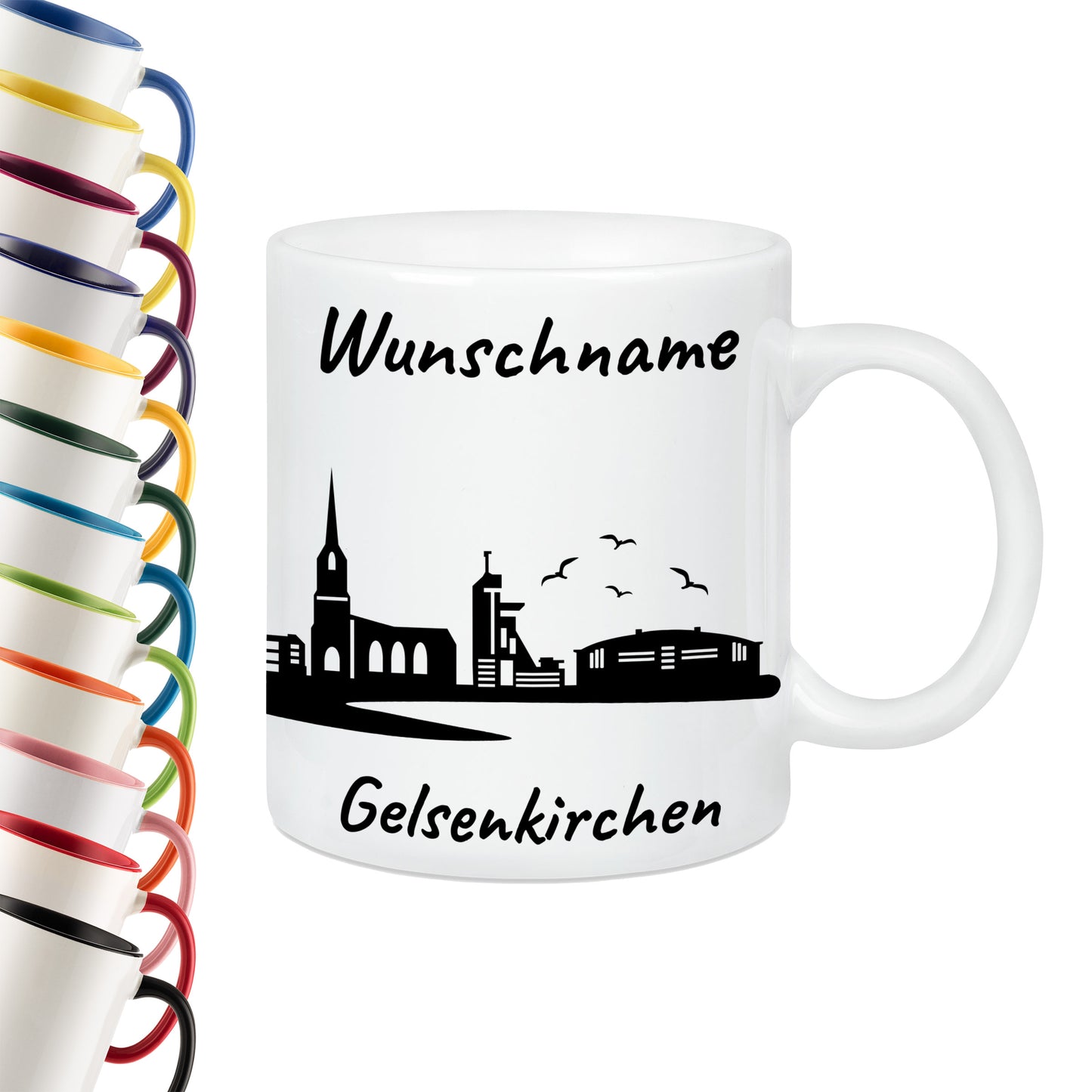 Tasse in Weiß 330ml bedruckt mit der Skyline von Gelsenkirchen personalisierbar mit Wunschname