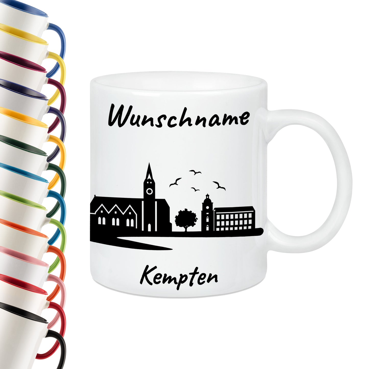 Tasse in Weiß 330ml bedruckt mit der Skyline von Kempten personalisierbar mit Wunschname
