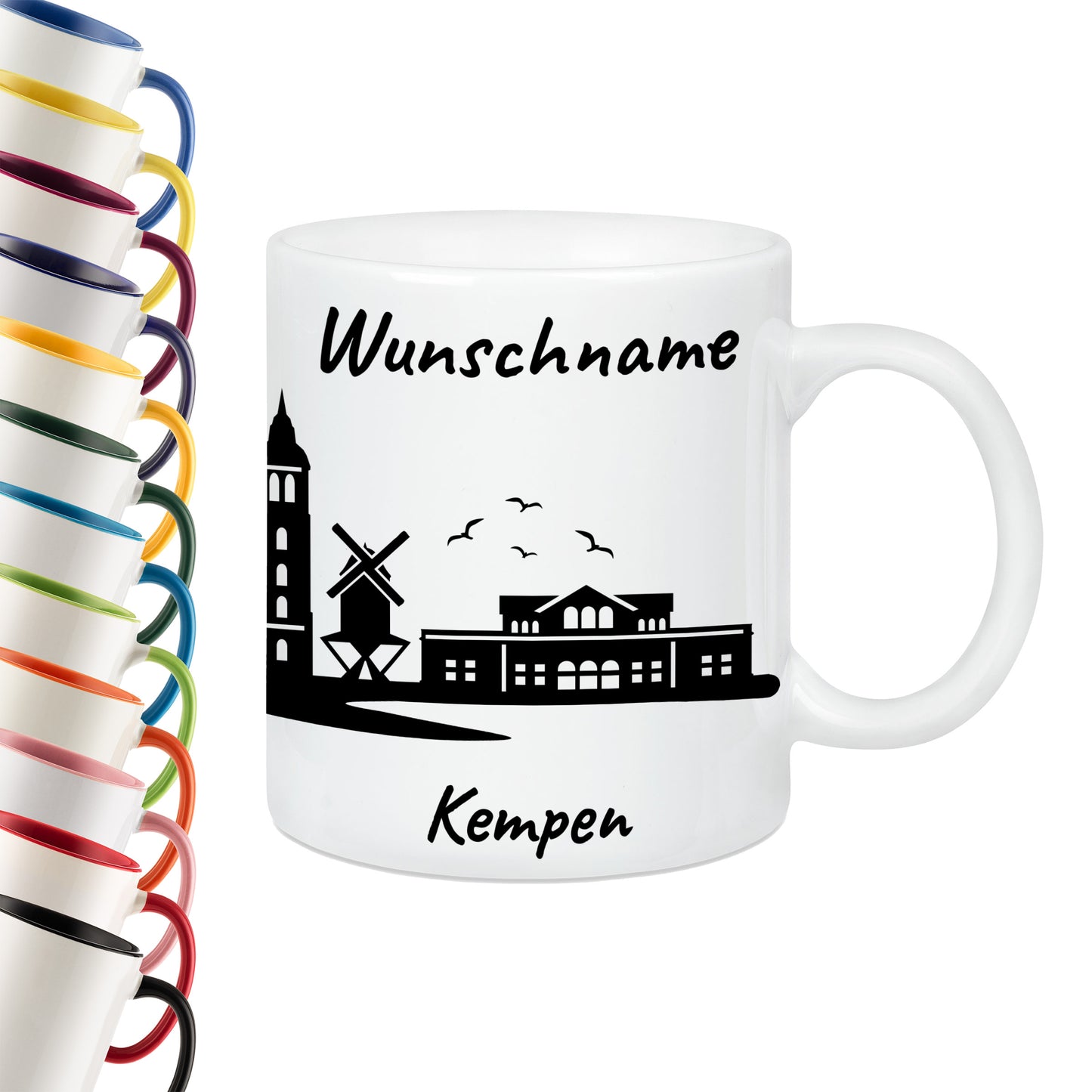 Tasse in Weiß 330ml bedruckt mit der Skyline von Kempen personalisierbar mit Wunschname