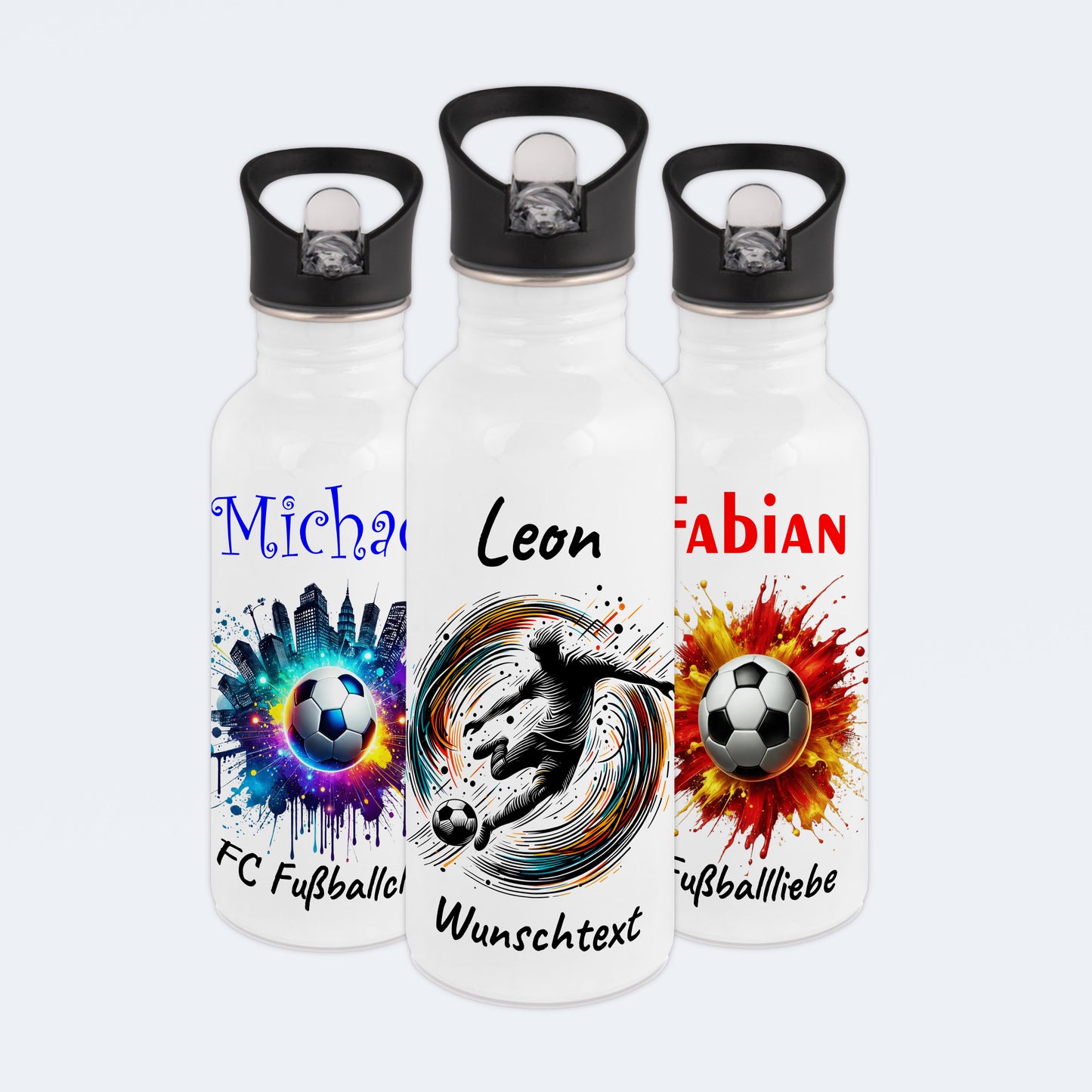Trinkflasche mit Strohhalm in Weiß 600ml bedruckt mit Fußball Motiven"Motiv1" personalisierbar für Kinder mit Wunschname aus Edelstahl