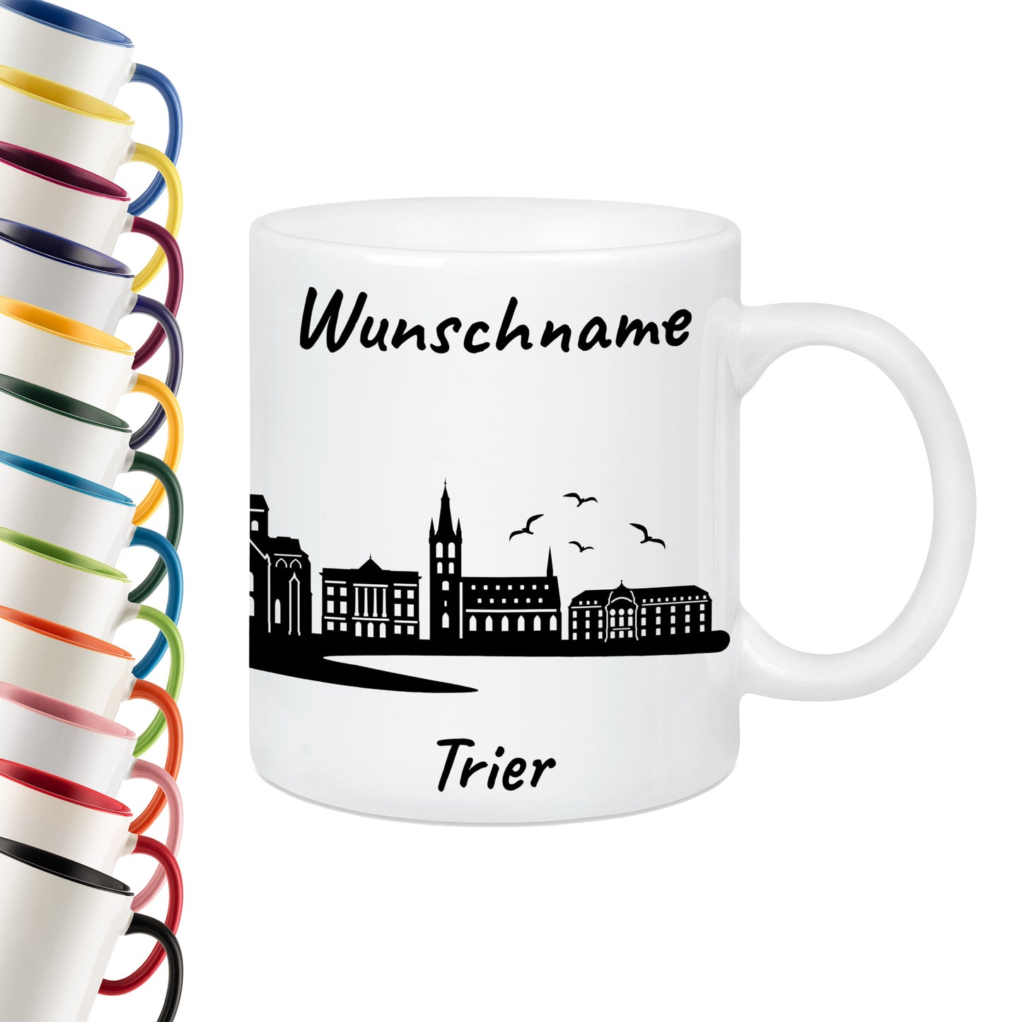 Tasse in Weiß 330ml bedruckt mit der Skyline von Trier personalisierbar mit Wunschname