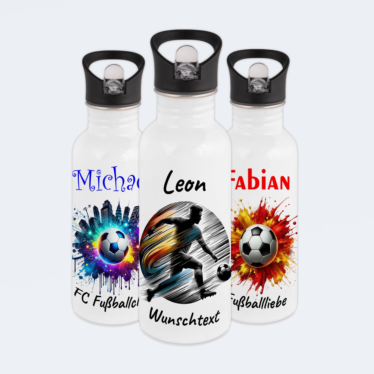 Trinkflasche mit Strohhalm in Weiß 600ml bedruckt mit Fußball Motiven"Motiv2" personalisierbar für Kinder mit Wunschname aus Edelstahl