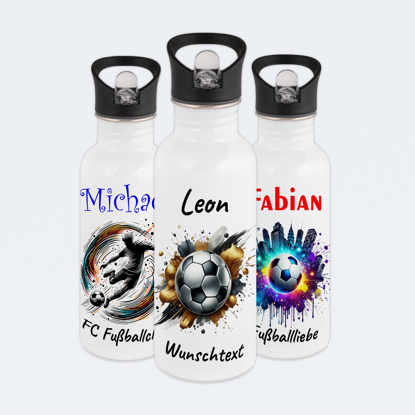 Trinkflasche mit Strohhalm in Weiß 600ml bedruckt mit Fußball Motiven"Motiv13" personalisierbar für Kinder mit Wunschname aus Edelstahl