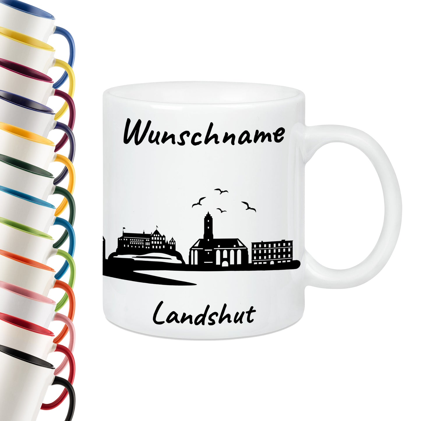 Tasse in Weiß 330ml bedruckt mit der Skyline von Landshut personalisierbar mit Wunschname