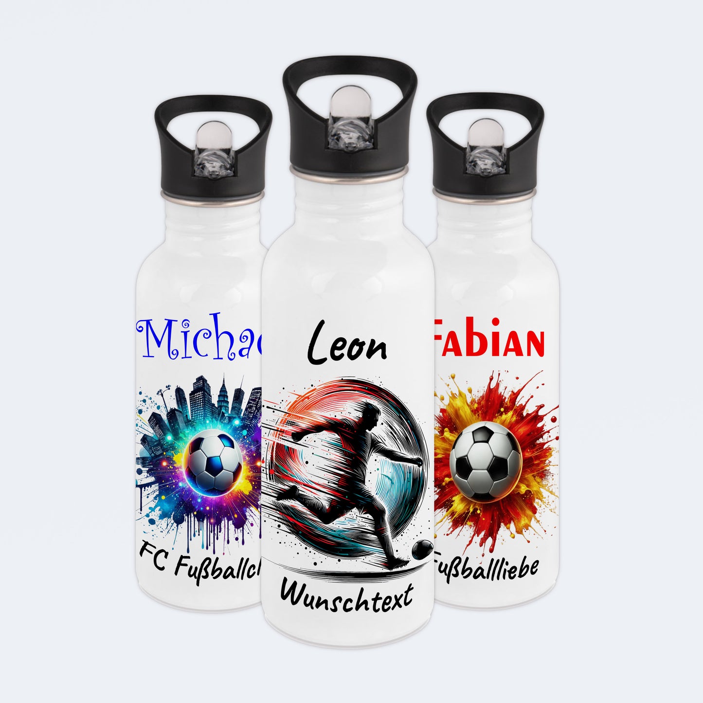 Trinkflasche mit Strohhalm in Weiß 600ml bedruckt mit Fußball Motiven"Motiv3" personalisierbar für Kinder mit Wunschname aus Edelstahl