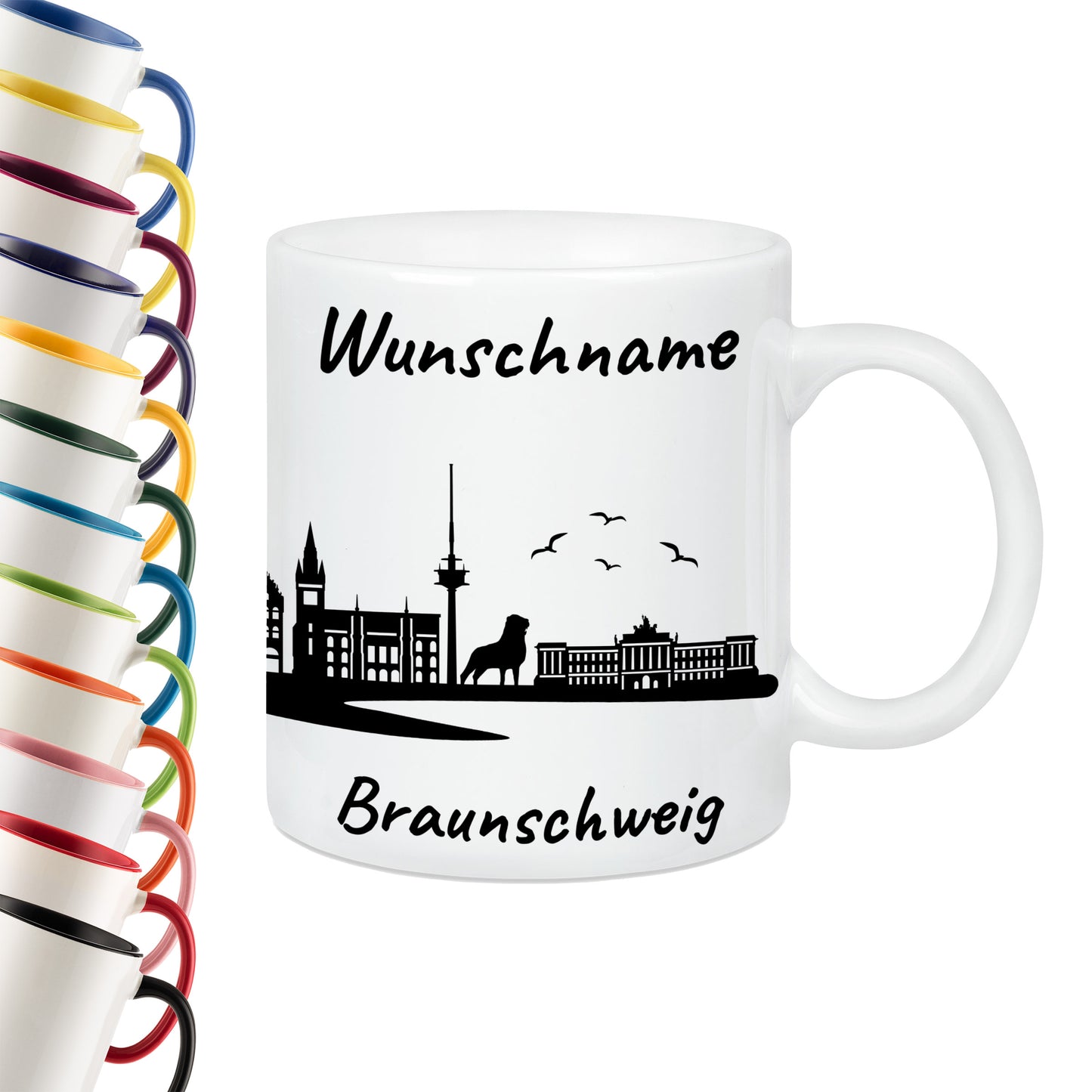 Tasse in Weiß 330ml bedruckt mit der Skyline von Braunschweig personalisierbar mit Wunschname